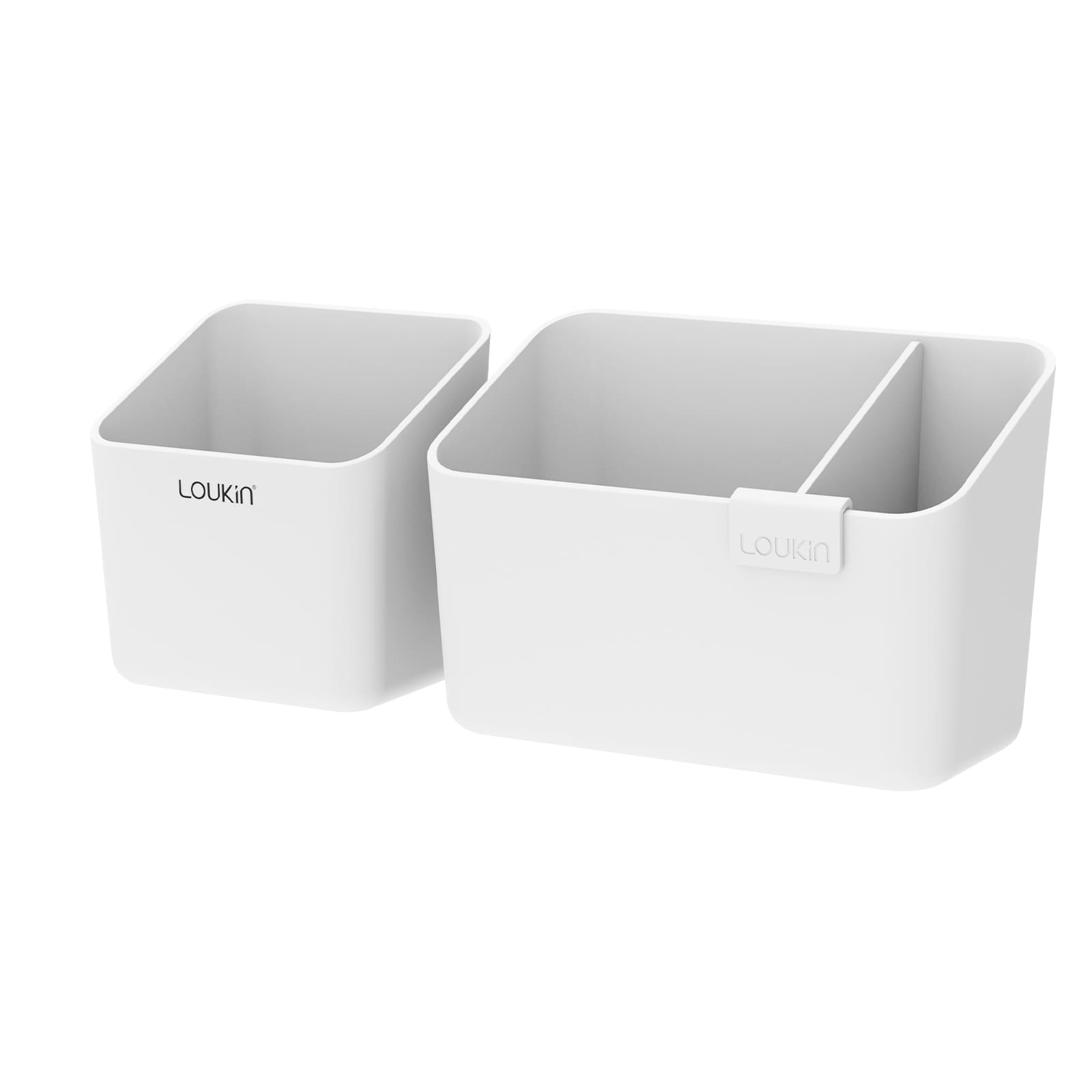 Main product image for the Loukin Duo Magnetic & Adhesive Organizer Set (W4121K), showing the two white organizers. The set includes one single-compartment square caddy and one double-compartment rectangular caddy. Both organizers are simple, seamless white plastic, highlighting their clean, modern design for office or classroom organization.