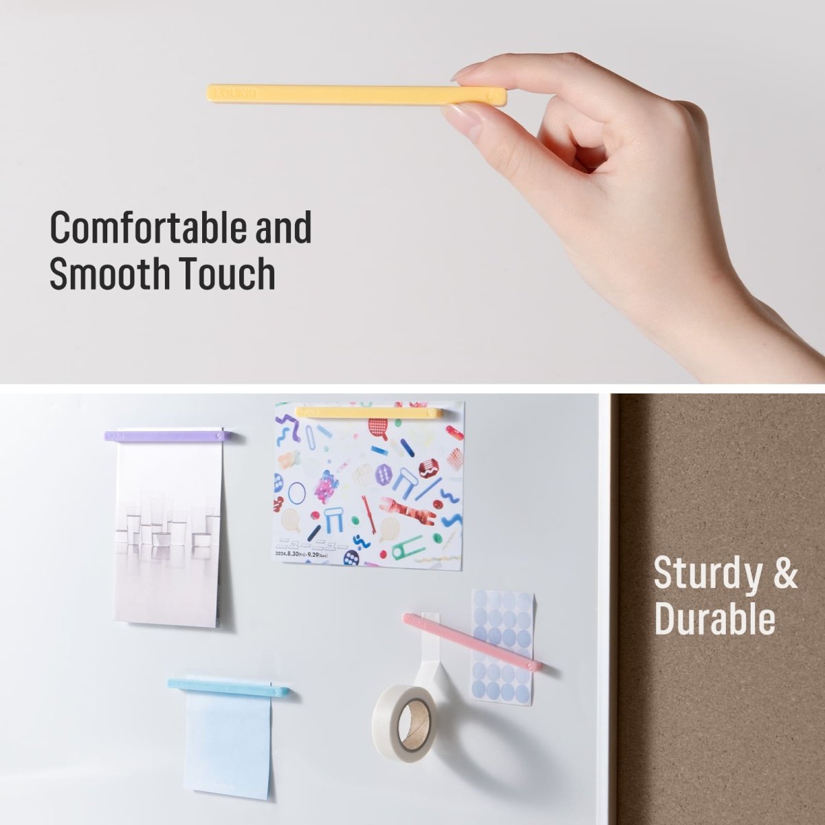 Feature image highlighting the Simple Design and color options of the Loukin Rectangular Magnets Bar (W4301). The left panel, labeled "Vibrant color set", shows the yellow, purple, and pink bars in a creative, abstract arrangement to "enliven your space". The right panel, labeled "Classic color set", shows the white, blue, black, and grey bars used on a desk with notebooks to "decorate your space". This emphasizes the product's aesthetic versatility and minimal look.