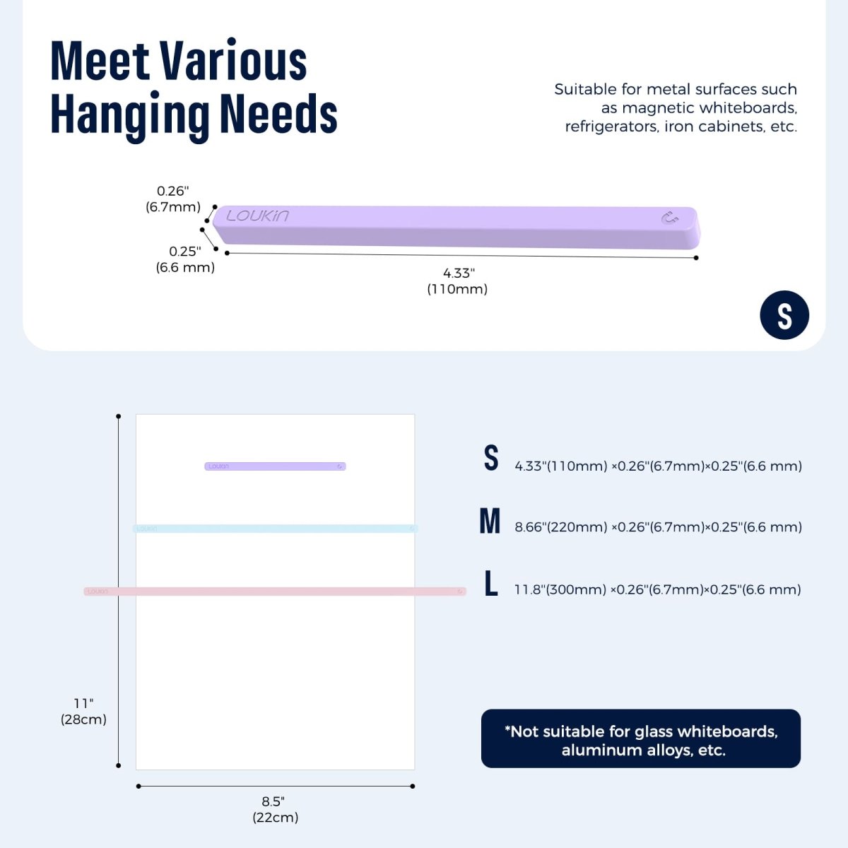 Feature image for the Loukin Rectangular Magnets Bar (W4301), highlighting the ease of handling. The graphic shows a close-up of the purple magnet bar's end, emphasizing the "Inverted triangle tail end, ergonomic design" that makes it "Easy to Take and Remove" from surfaces. The top portion features the blue, purple, pink, and yellow magnet bars, showcasing the product's vibrant, smooth finish.