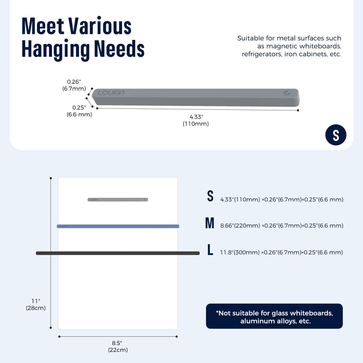 Feature image for the Loukin Rectangular Magnets Bar (W4302), highlighting its quality and usability. The top panel shows a hand holding a grey magnet bar, emphasizing the "Comfortable and Smooth Touch". The bottom panel shows a scenario where blue, grey, and black magnet bars are securely holding various papers and pictures on a white metallic surface, demonstrating the "Sturdy & Durable" hold.