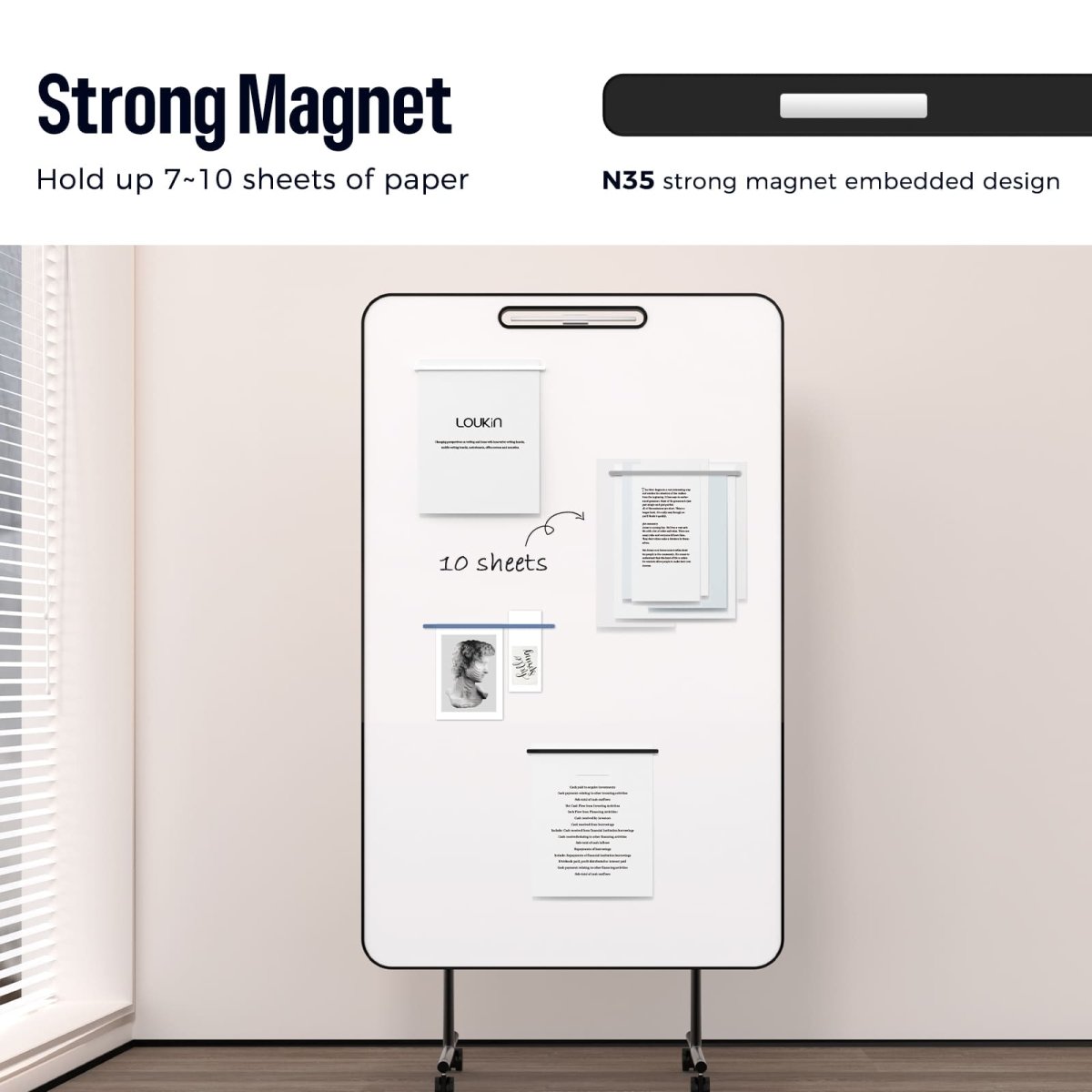 Feature image for the Loukin Rectangular Magnets Bar (W4302), highlighting its quality and usability. The top panel shows a hand holding a yellow magnet bar, emphasizing the "Comfortable and Smooth Touch". The bottom panel shows a scenario where light blue, purple, and pink magnet bars are securely holding various papers and notes on a white metallic surface, demonstrating the "Sturdy & Durable" hold.