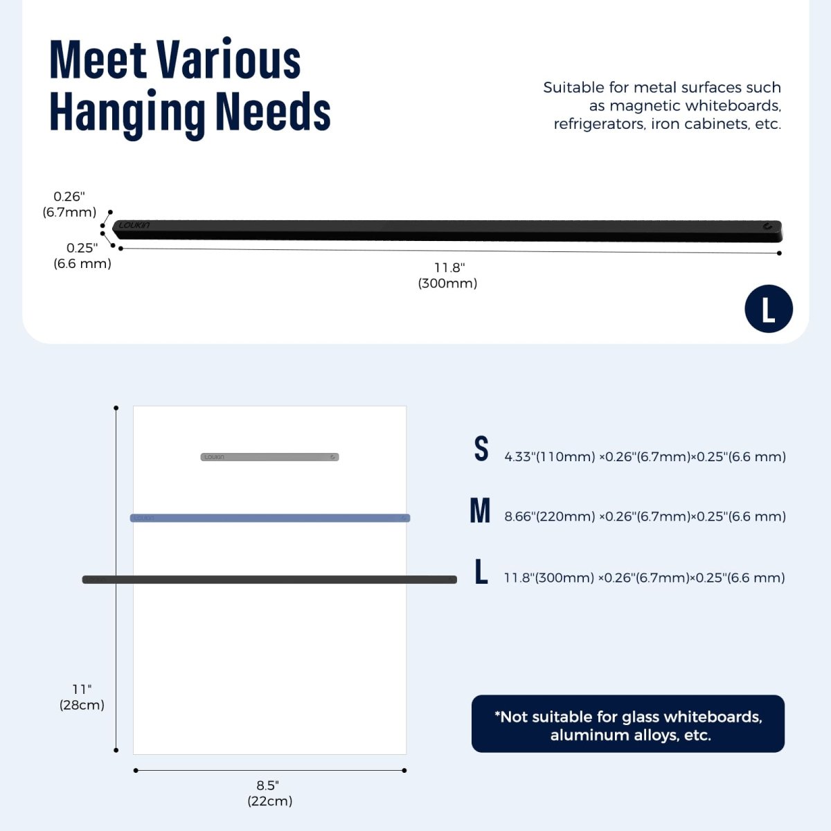 Feature image detailing the size and applicability of the Loukin Rectangular Magnets Bar (W4302) to "Meet Various Hanging Needs". The image focuses on the Medium (M) size, which is 8.66" (220mm) long. The thickness is detailed as 0.26" (6.7mm) × 0.25" (6.6mm). It shows a visual comparison of the S, M, and L sizes against a standard 11" × 8.5" paper. It notes that the magnets are "Suitable for metal surfaces" such as magnetic whiteboards, refrigerators, and iron cabinets, but "Not suitable for glass whiteboa