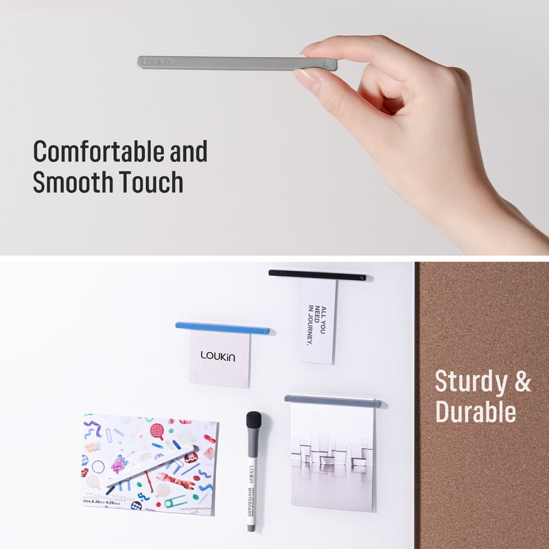 Feature image detailing the size and applicability of the Loukin Rectangular Magnets Bar (W4302) to "Meet Various Hanging Needs". The image focuses on the Small (S) size, which is 4.33" (110mm) long. The thickness is detailed as 0.26" (6.7mm) × 0.25" (6.6mm). It shows a visual comparison of the S, M, and L sizes against a standard 11" × 8.5" paper. It notes that the magnets are "Suitable for metal surfaces" such as magnetic whiteboards, refrigerators, and iron cabinets, but "Not suitable for glass whiteboar