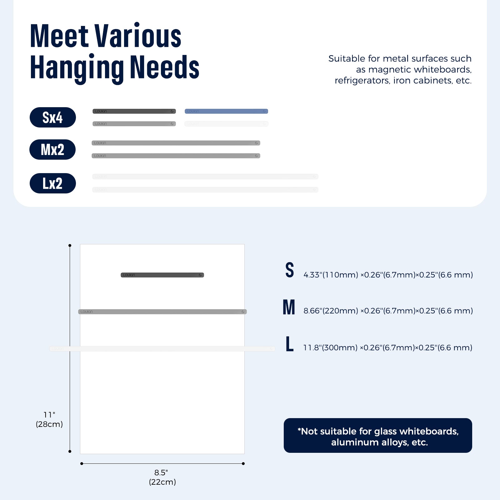 loukin Rectangular Magnets Bar (W4302) size and hanging guide showing it Meets Various Hanging Needs. The bar is available in three sizes: S (4.33"/110mm), M (8.66"/220mm), and L (11.8"/300mm), all with a width of 0.26" (6.7mm). The image indicates it is Suitable for metal surfaces such as magnetic whiteboards, refrigerators, and iron cabinets, but Not suitable for glass whiteboards or aluminum alloys.