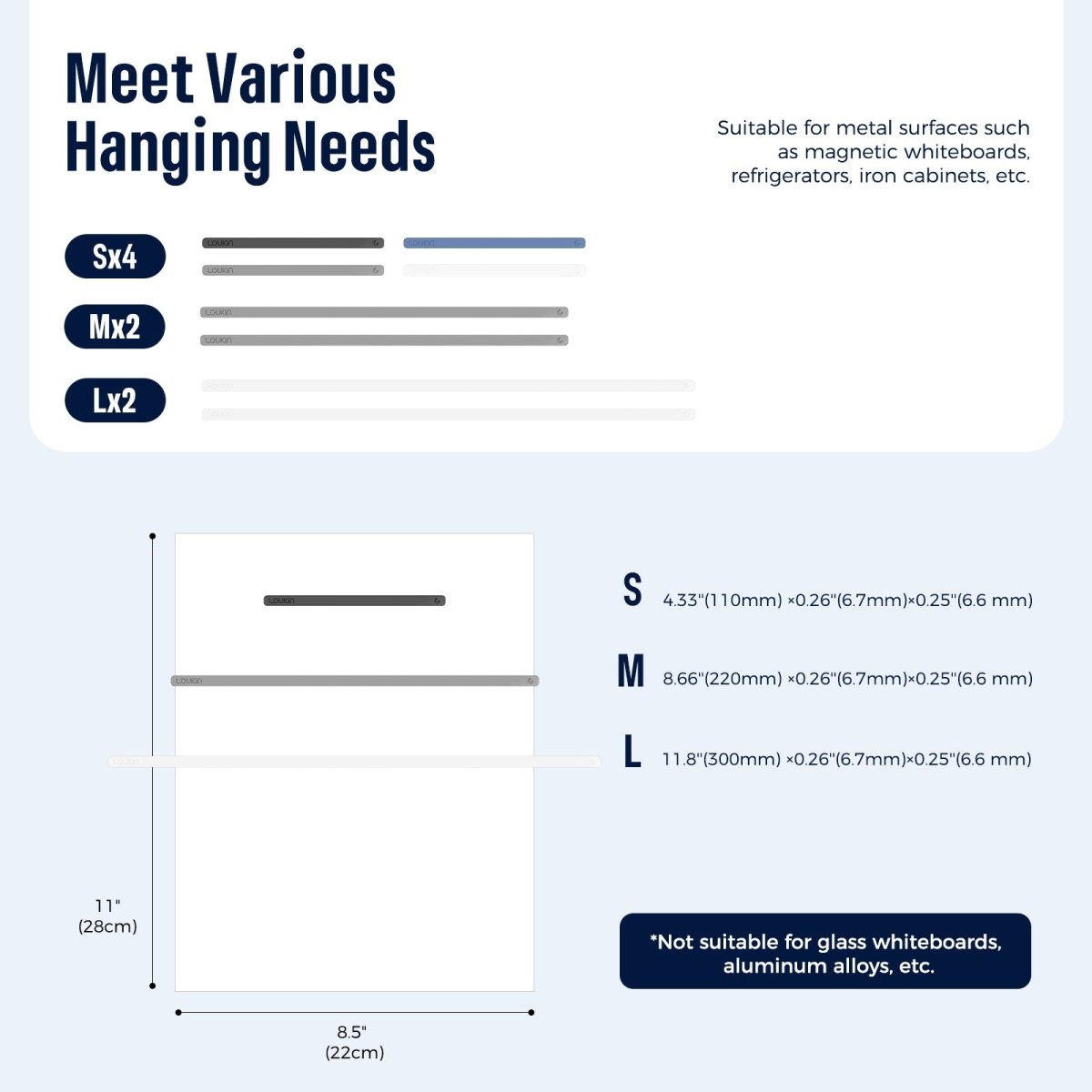 loukin Rectangular Magnets Bar (W4302) size and hanging guide showing it Meets Various Hanging Needs. The bar is available in three sizes: S (4.33"/110mm), M (8.66"/220mm), and L (11.8"/300mm), all with a width of 0.26" (6.7mm). The image indicates it is Suitable for metal surfaces such as magnetic whiteboards, refrigerators, and iron cabinets, but Not suitable for glass whiteboards or aluminum alloys.