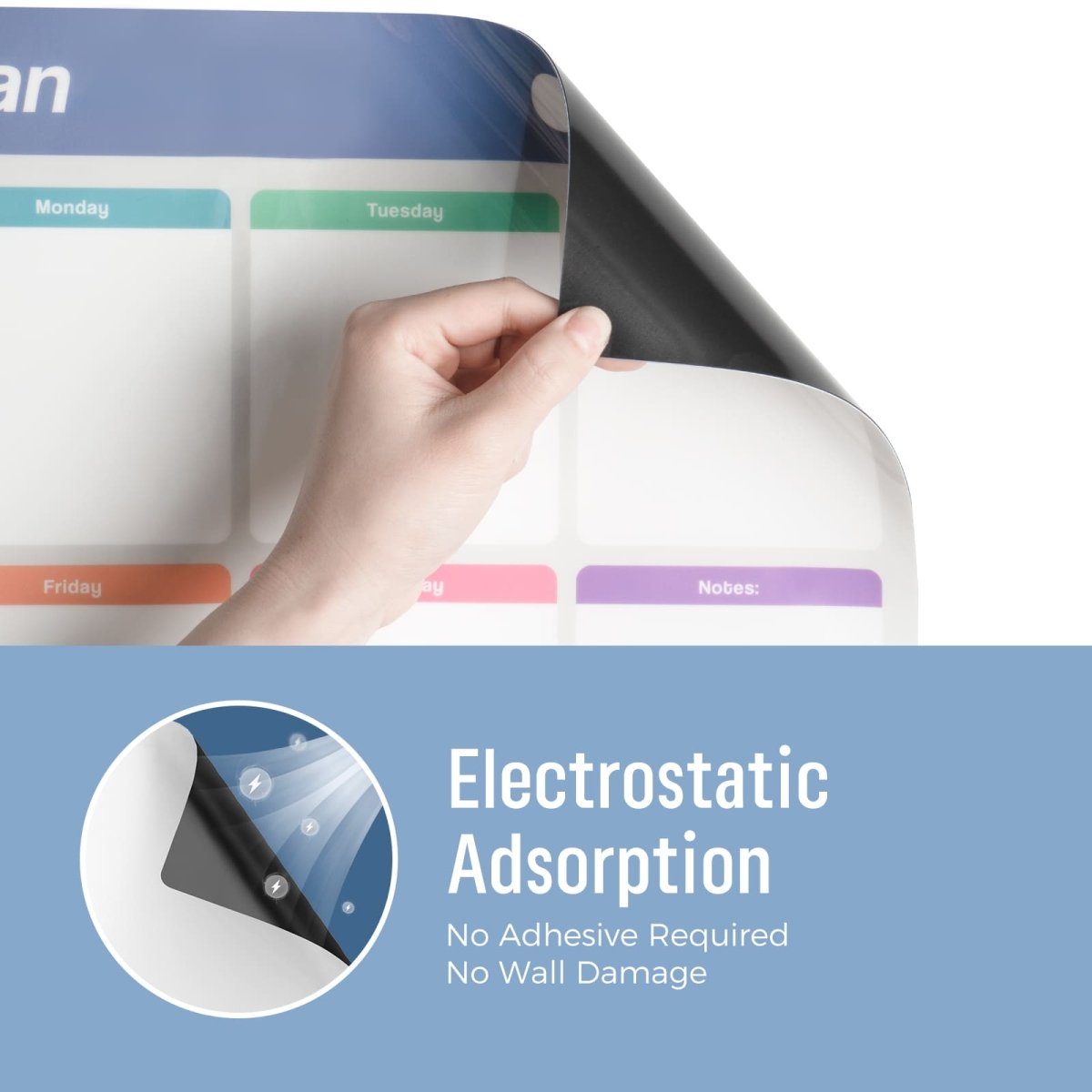 A close-up image of the LOUKIN Static Cling Dry Erase Monthly Calendar (model W1303K) being peeled back to show the **Electrostatic Adsorption** feature. The image highlights that it **requires no adhesive** and causes **no wall damage**.