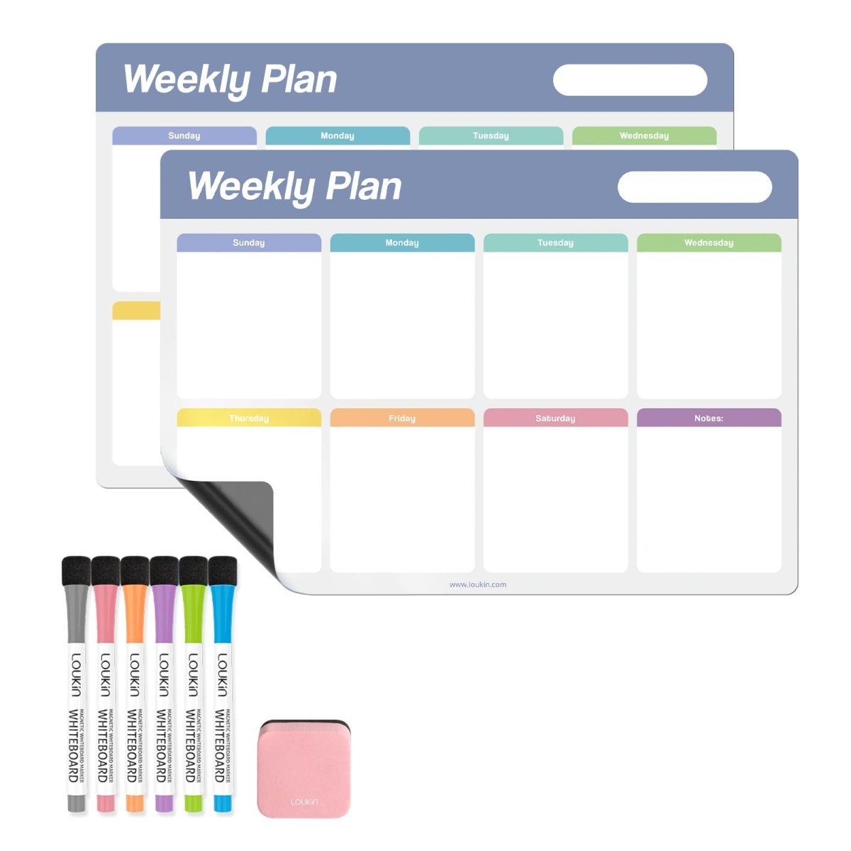 The complete set of the LOUKIN Magnetic **Weekly Plan Dry Erase Calendar Set**, model W1304K. The set includes two flexible magnetic weekly planner whiteboards, six different color dry erase markers, and a pink magnetic mini eraser.
