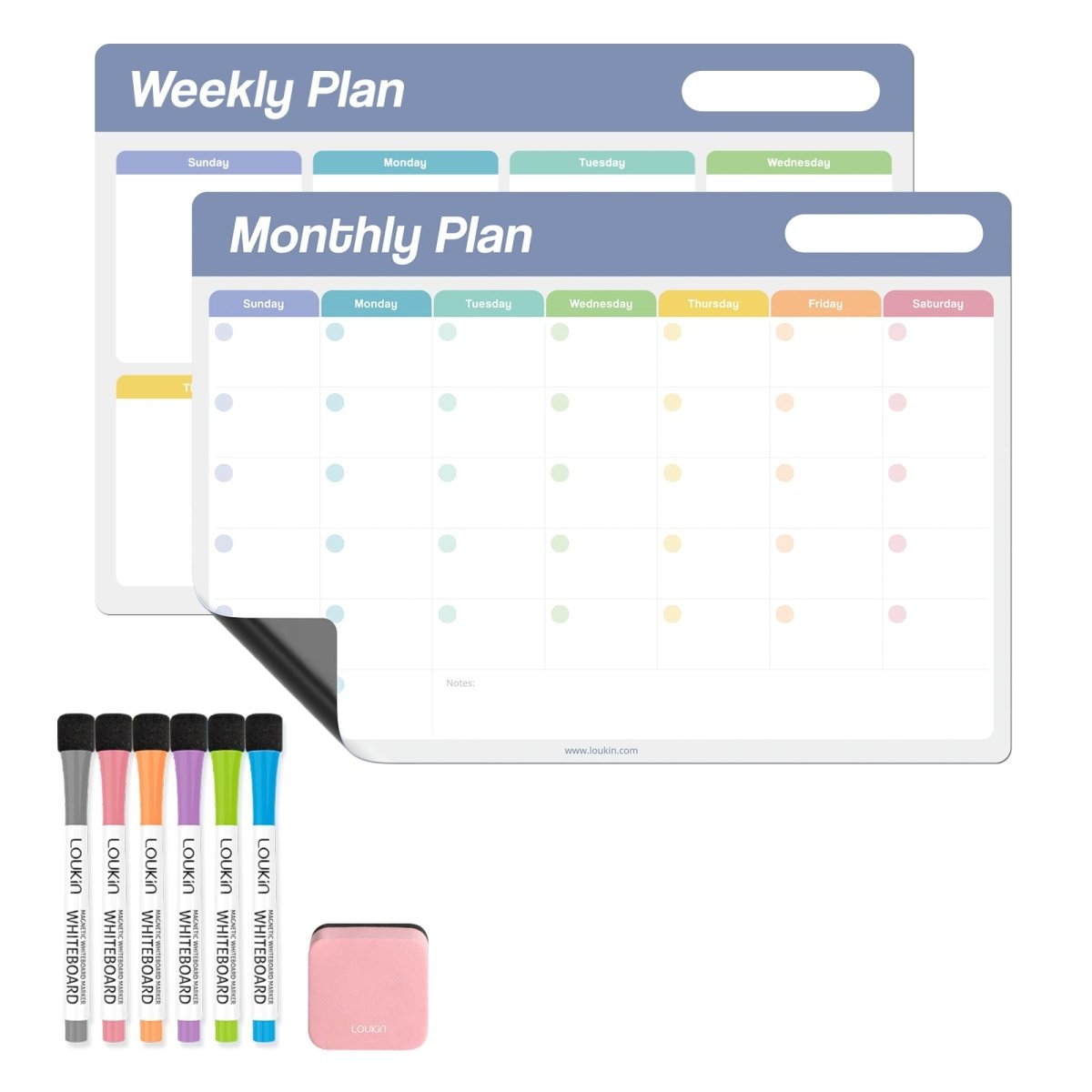 The complete set of the LOUKIN Static Cling Dry Erase Calendar Set, model W1305K. The set includes one **Monthly Plan** calendar and one **Weekly Plan** calendar, six bright color dry erase markers, and a pink mini magnetic eraser.