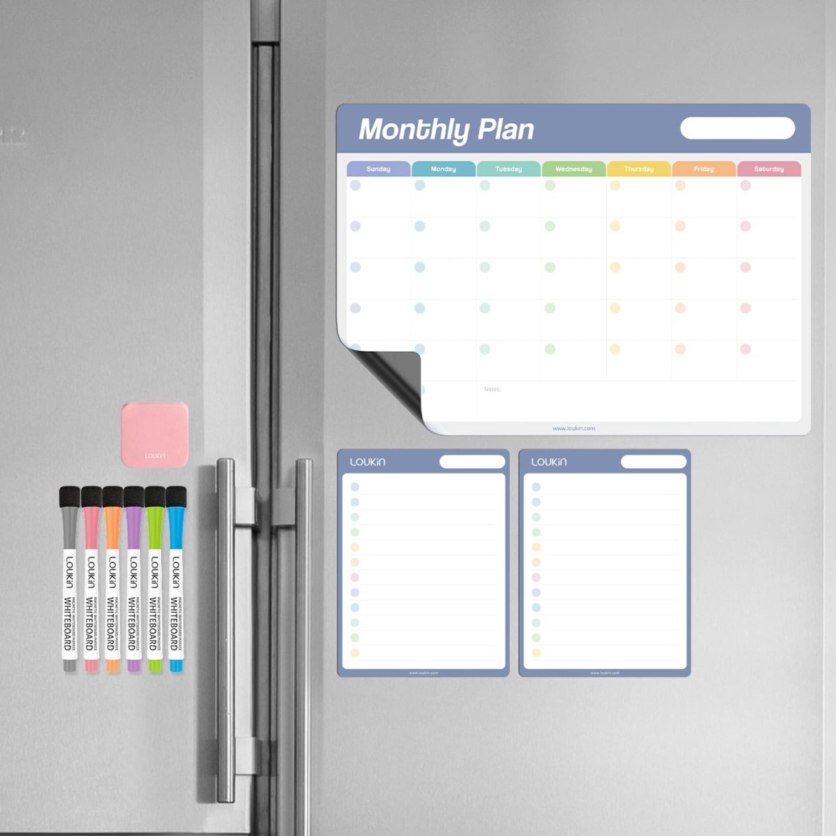 A product image showing the **LOUKIN Monthly Plan and Checklist Dry Erase Calendar Set** (model W1306K) fully utilized on a stainless steel refrigerator. The set includes one large **Monthly Plan** board, two smaller **Checklist/To-Do List** boards, six **color markers**, and a **pink magnetic eraser**, all adhering to the fridge surface. This illustrates the comprehensive organization solution for a kitchen or family planning area.