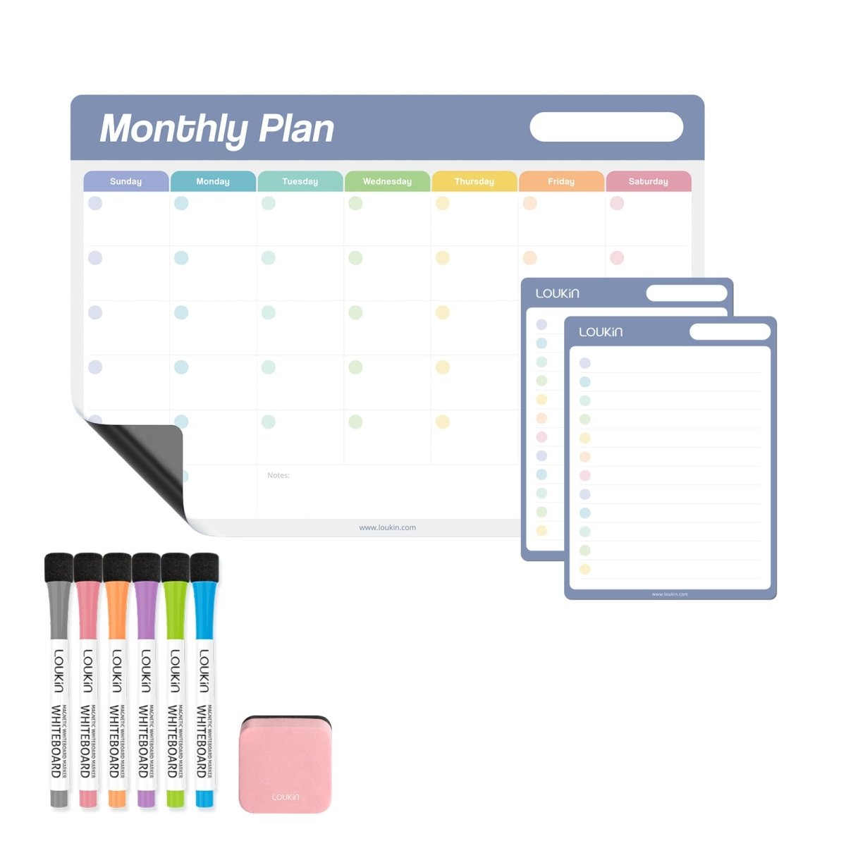 A flat lay product image showing the full contents of the LOUKIN Monthly Plan and Checklist Dry Erase Calendar Set, model W1306K. The set includes one **Monthly Plan** calendar board, two **vertical Checklist/To-Do list** boards, six **color markers**, and one **pink magnetic eraser**.
