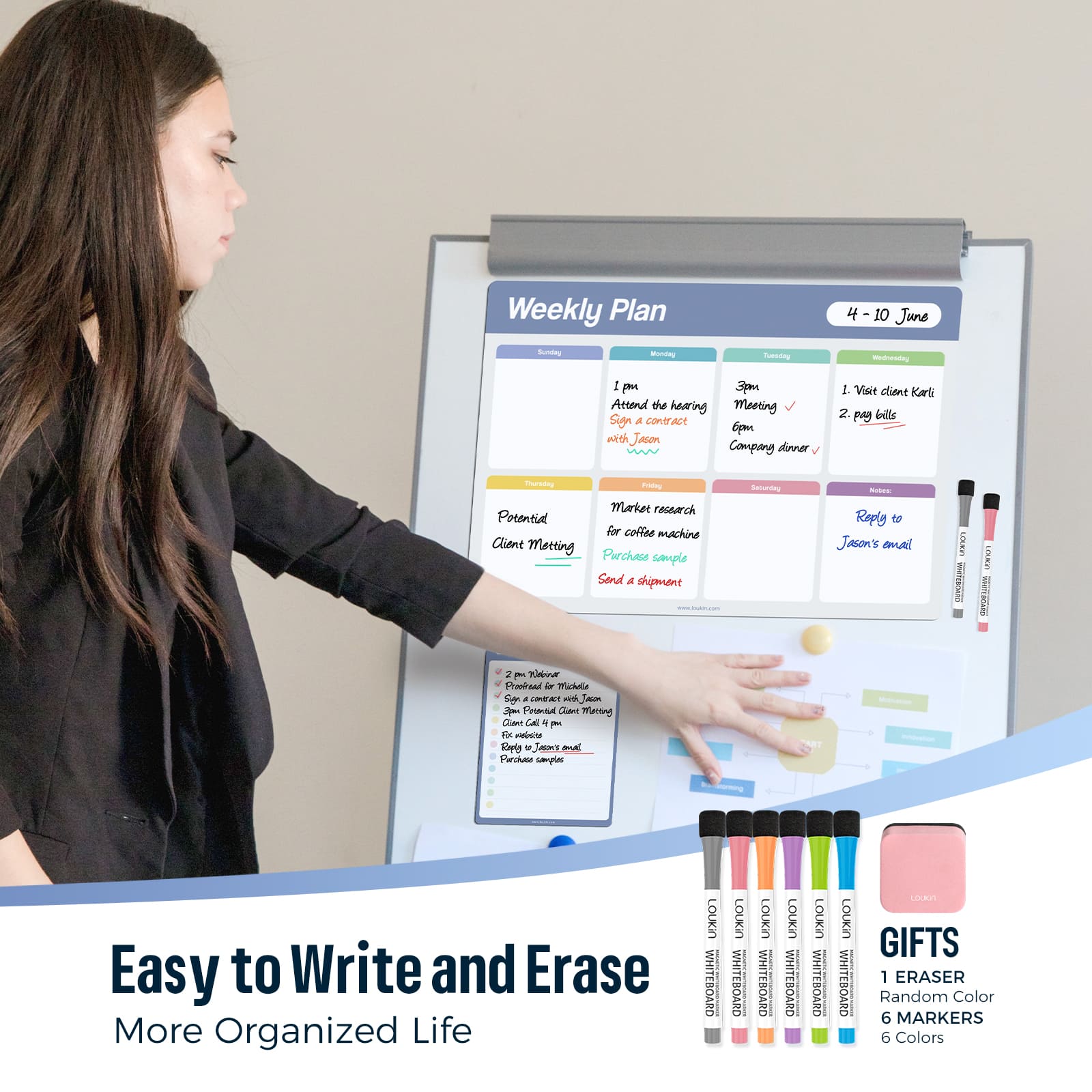 A lifestyle image showing a man writing on the LOUKIN To-Do List/Checklist Dry Erase Board (part of model W1307K) which is adhered to a refrigerator. The checklist is used for organizing both home and work tasks. The image emphasizes the key selling points: **"Easy to Write and Erase"** and living a **"More Organized Life."** The accessories are also featured: **1 Eraser and 6 Markers**.