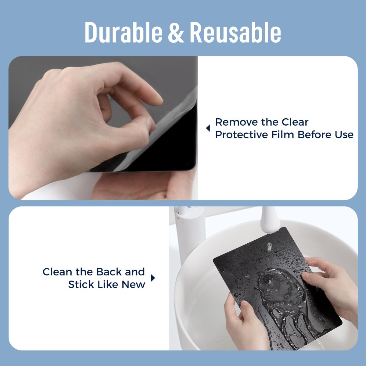 An instructional graphic for the LOUKIN Dry Erase Checklist (model W1308K), demonstrating its **Durable & Reusable** feature. The top panel shows removing the protective film with the text: **"Remove the Clear Protective Film Before Use"**. The bottom panel shows washing the sticky back to refresh the adhesion, with the instruction: **"Clean the Back and Stick Like New"**.