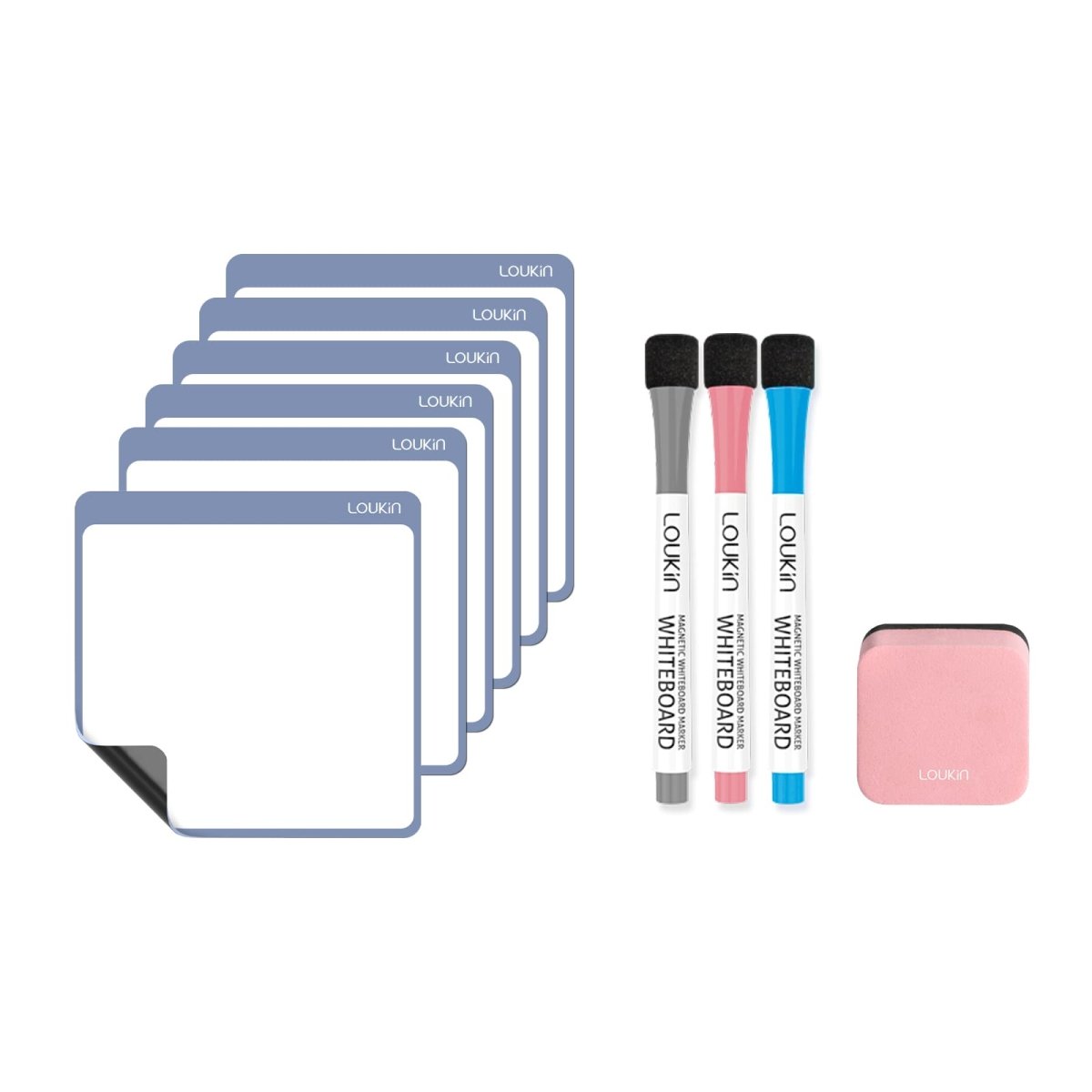 Product display image of the LOUKIN **Mini Dry Erase Note** set (model W1309K). The set includes **six small square static cling memo boards** with blue borders. Also pictured are **three magnetic markers** (gray, pink, blue) and **one pink magnetic eraser**.