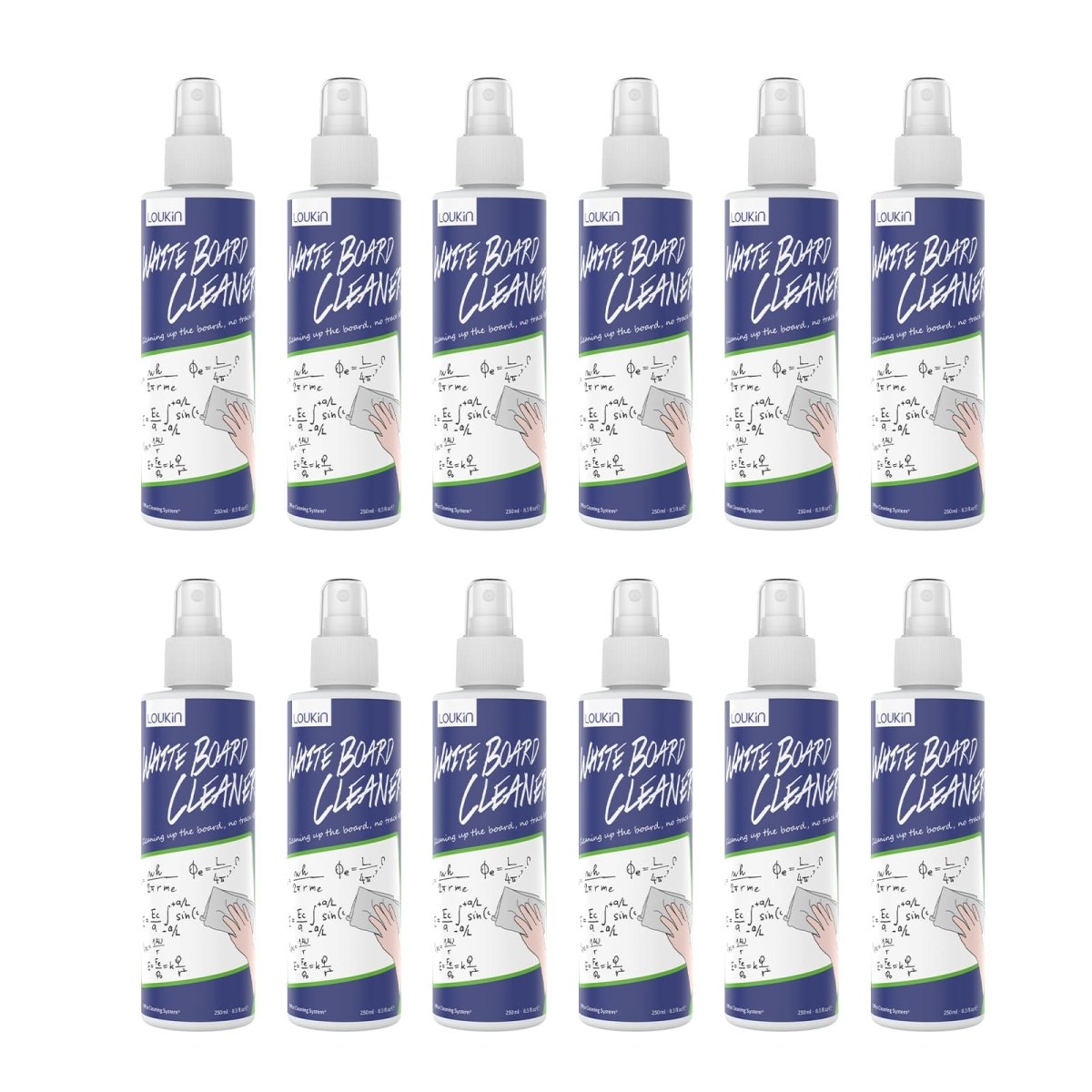 A product image showing the 12-pack kit of LOUKIN 250ml whiteboard cleaners, SKU W3101, with 12 bottles of whiteboard cleaner.