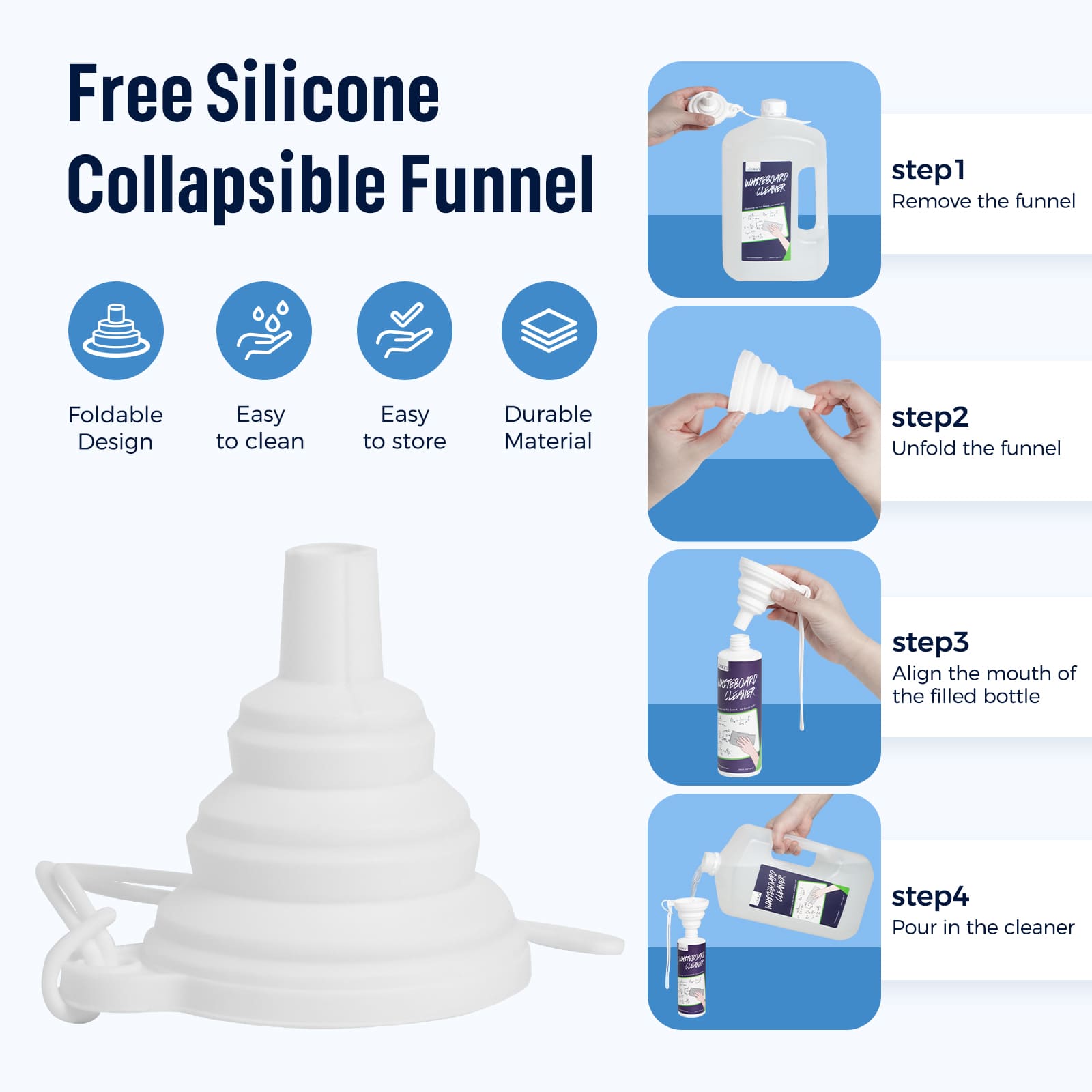 A step-by-step graphic showing the correct use of the free silicone collapsible funnel included with the LOUKIN 1-gallon whiteboard cleaner, SKU W3104.