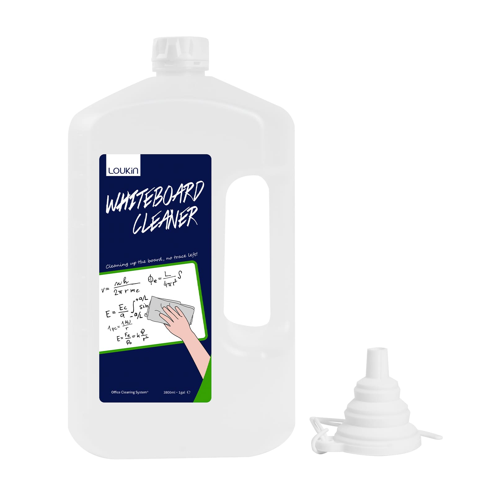 Product image of the LOUKIN 1-gallon whiteboard cleaner bottle, SKU W3104, with the included collapsible funnel next to it.