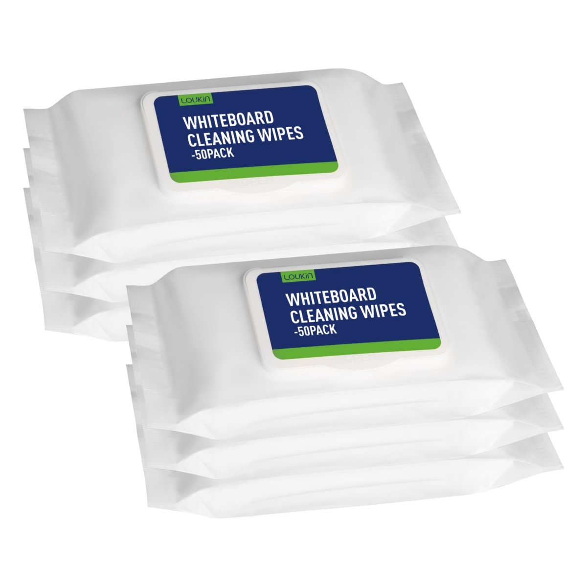 A product image showing a six-pack of LOUKIN whiteboard cleaning wipes, SKU W3201.