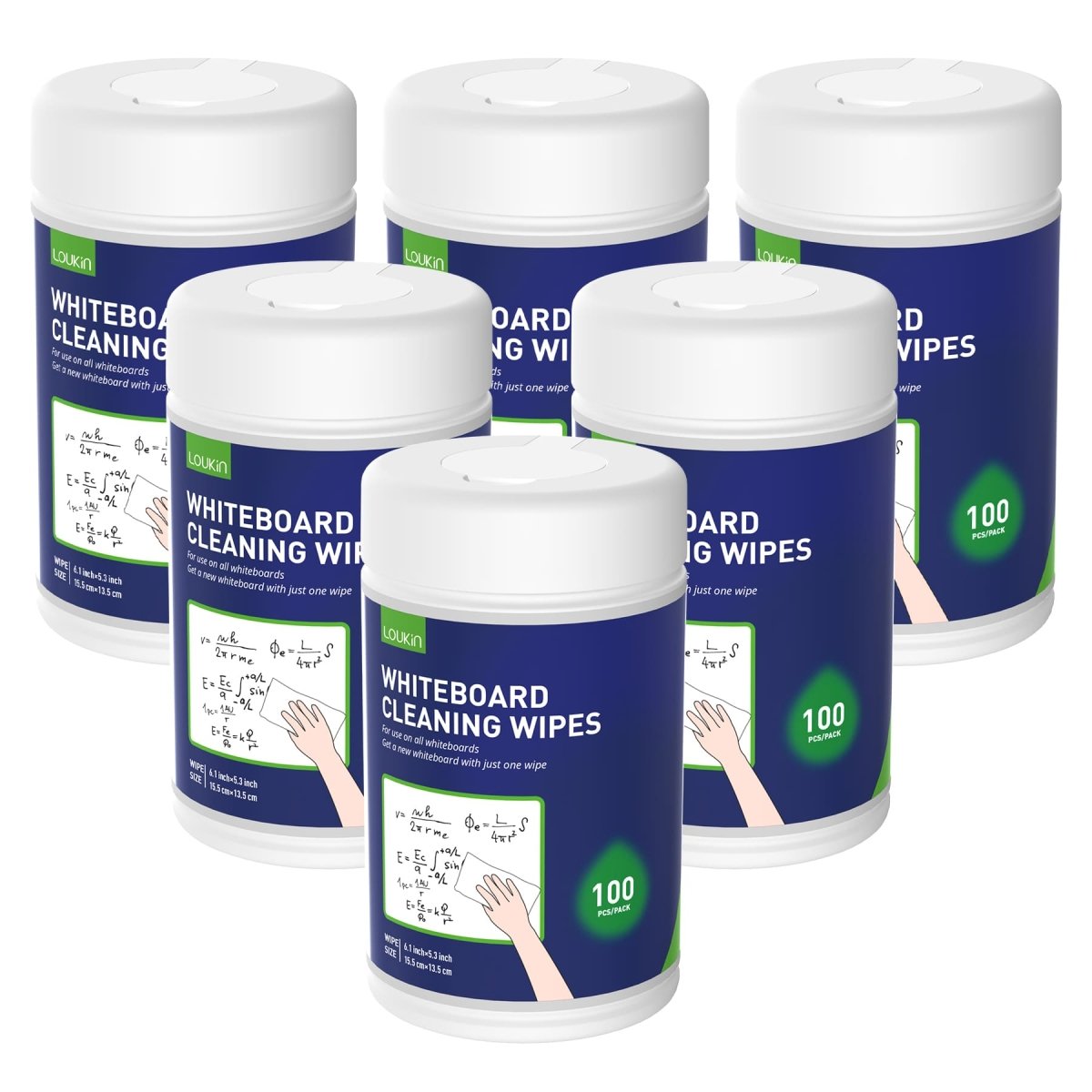 A product image showing a six-pack of LOUKIN whiteboard cleaning wipes, each containing 100 wipes.