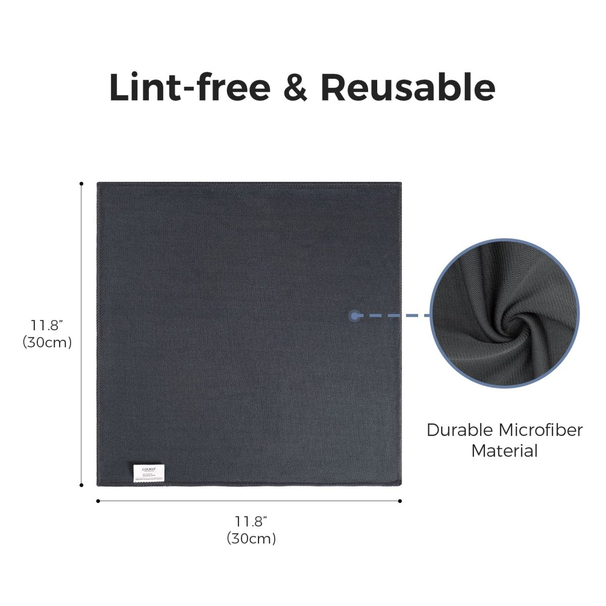 A product image showing a single LOUKIN microfiber cleaning cloth, SKU W3301. The text highlights that the cloth is lint-free, reusable, and made of durable microfiber material, with a size of 11.8 by 11.8 inches.