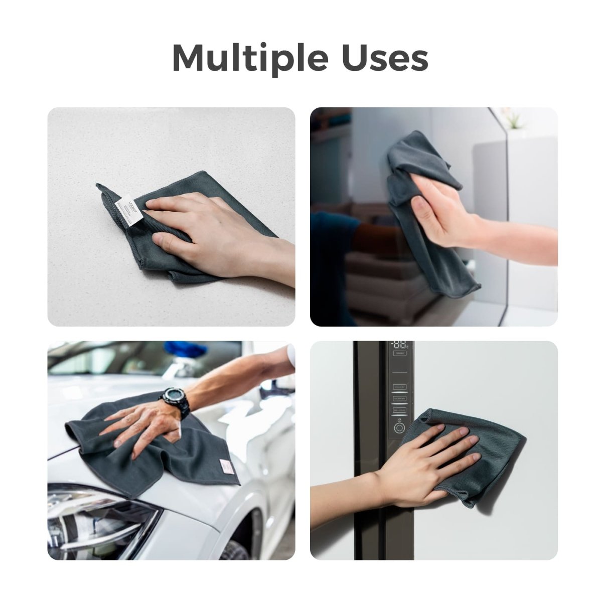 A product image showing the LOUKIN microfiber cleaning cloth, SKU W3301, being used in multiple scenarios, including wiping a countertop, a television screen, a car, and a refrigerator door.