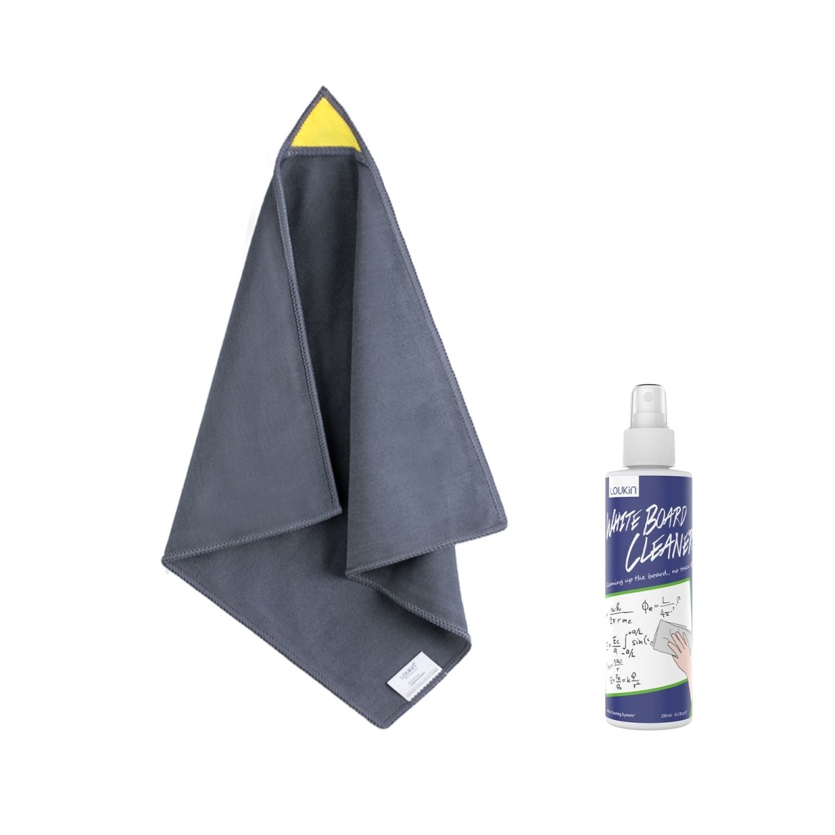 A product image showing the LOUKIN magnetic cleaning cloth, SKU W3302K, featuring a yellow loop for easy storage on a whiteboard.