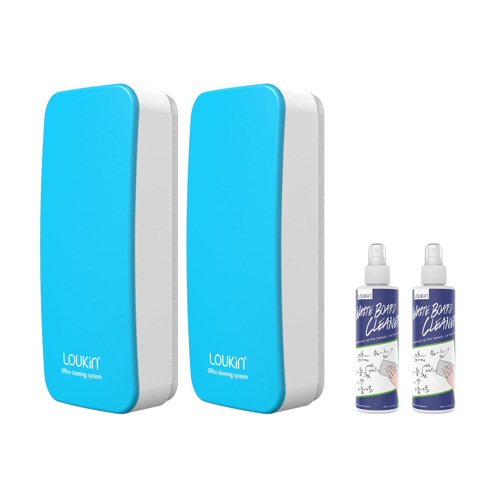 A product image showing a 2-pack of blue LOUKIN regular magnetic dry erase erasers, SKU W3501K, displayed with two bottles of whiteboard cleaner.