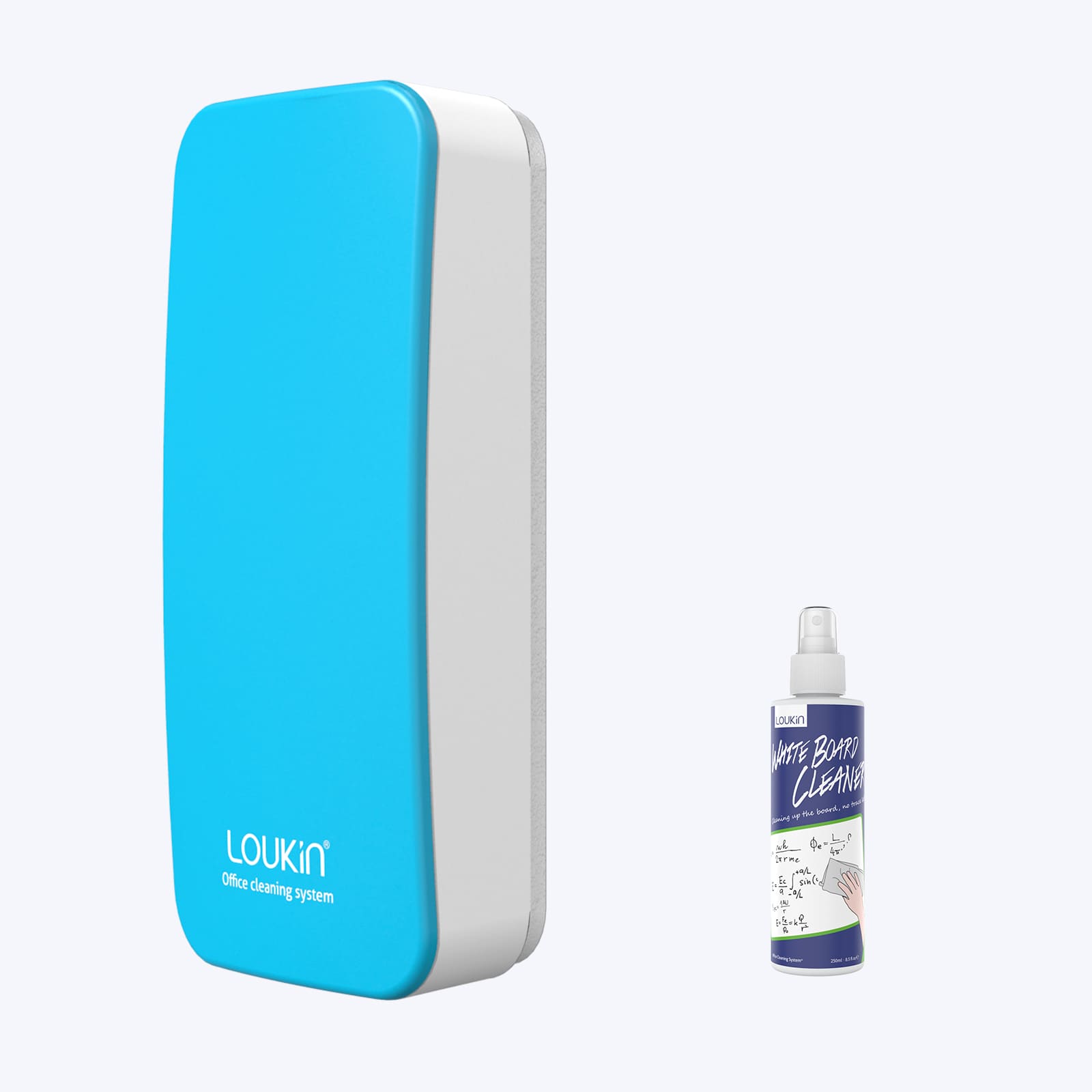 A product image showing a blue LOUKIN regular magnetic dry erase eraser, SKU W3501K, alongside a bottle of whiteboard cleaner.
