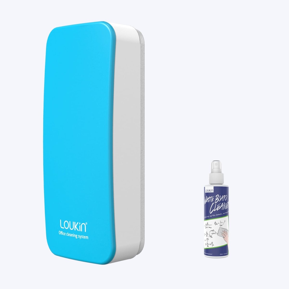 A product image showing a blue LOUKIN regular magnetic dry erase eraser, SKU W3501K, alongside a bottle of whiteboard cleaner.