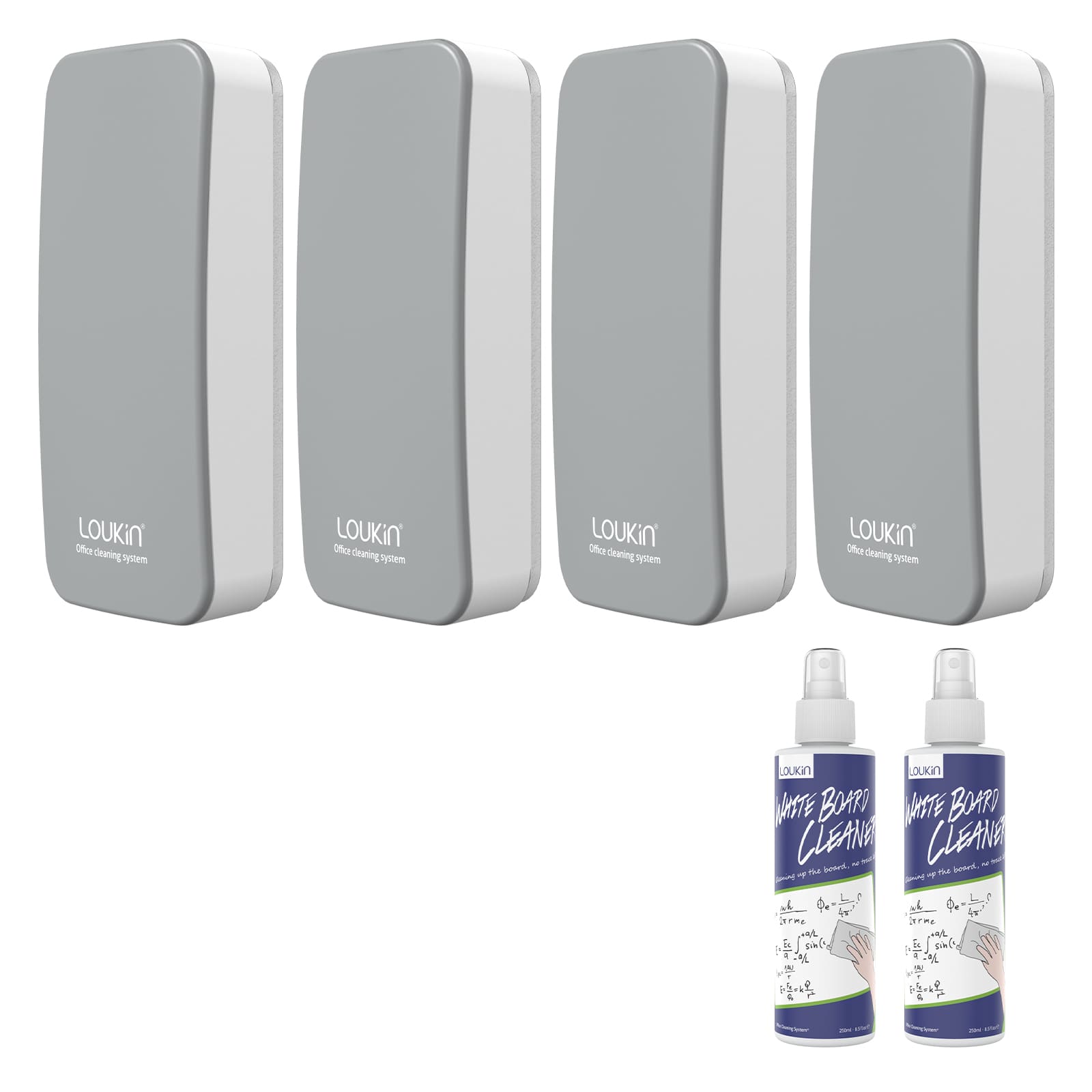 A product image showing a 4-pack of gray LOUKIN regular magnetic dry erase erasers, SKU W3501K, with two bottles of whiteboard cleaner.