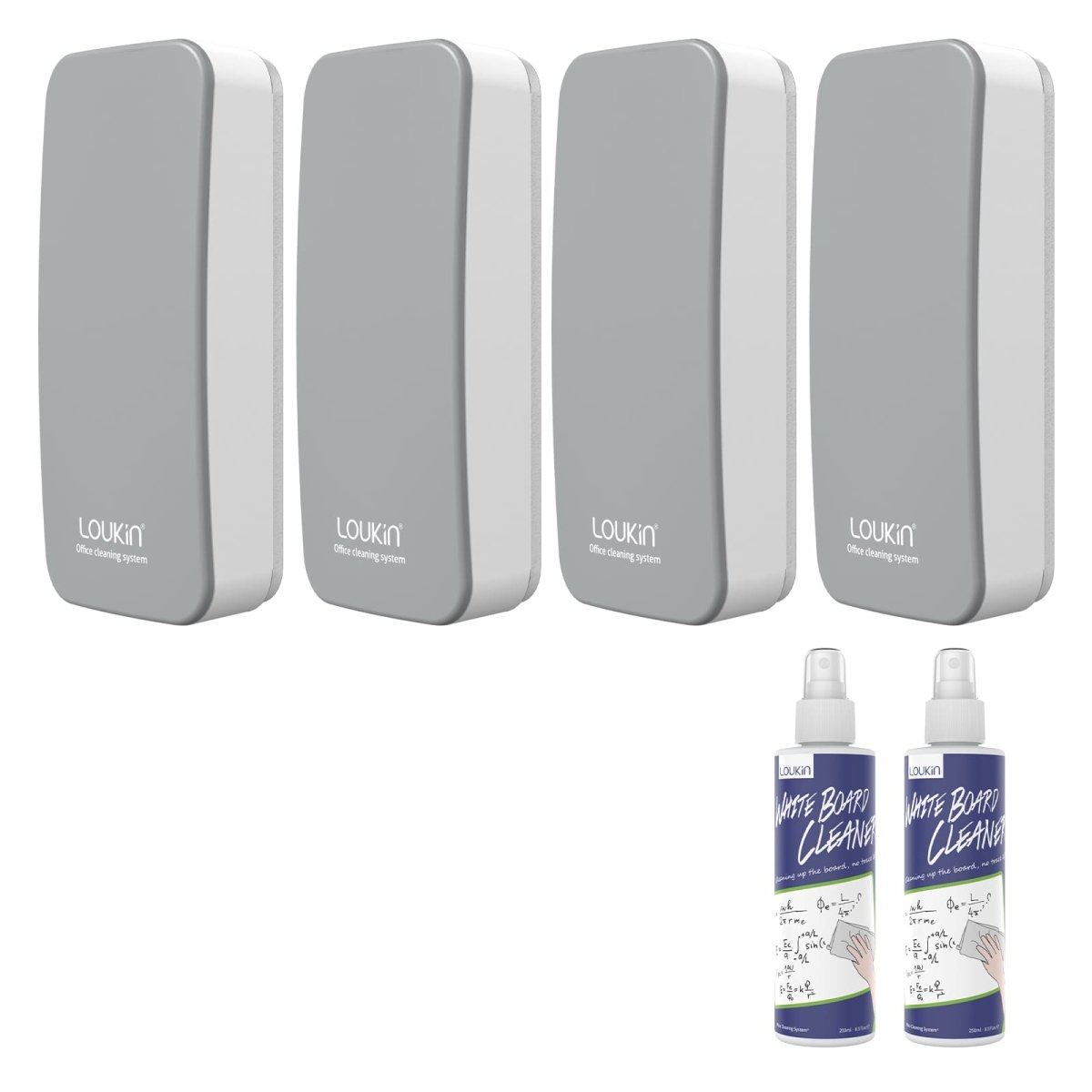 A product image showing a 4-pack of gray LOUKIN regular magnetic dry erase erasers, SKU W3501K, with two bottles of whiteboard cleaner.
