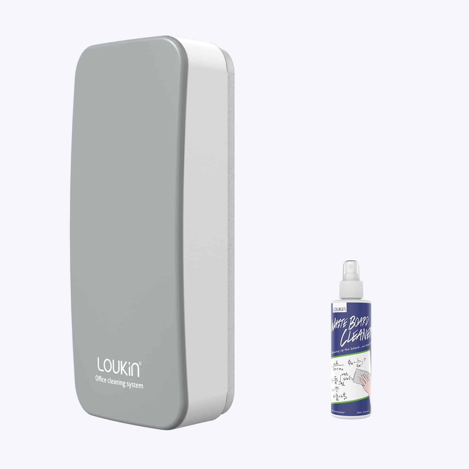 A product image showing a gray LOUKIN regular magnetic dry erase eraser, SKU W3501K, alongside a bottle of whiteboard cleaner.