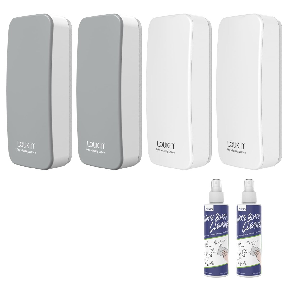 A product image showing a 4-pack of LOUKIN regular magnetic dry erase erasers, SKU W3501K, with two gray erasers and two white erasers, displayed with two bottles of whiteboard cleaner.