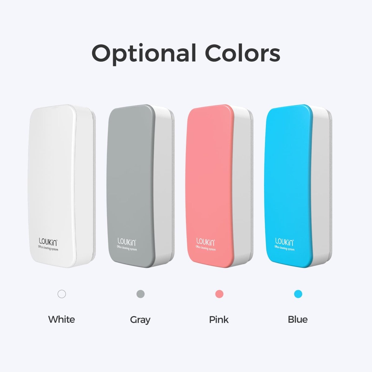 A product image showing the LOUKIN magnetic dry erase eraser, SKU W3501K, in its four optional colors: white, gray, pink, and blue.