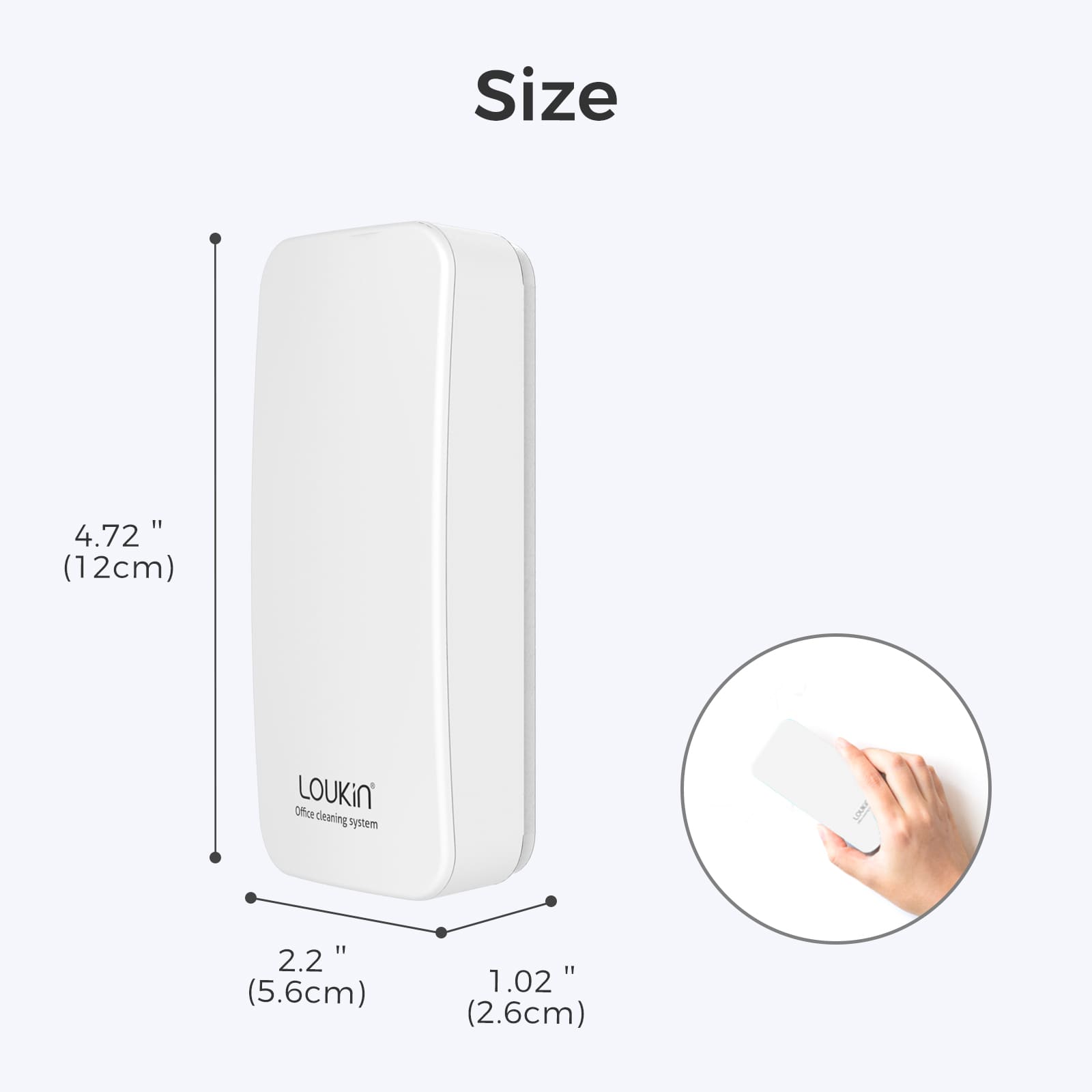 A product image showing the dimensions of the LOUKIN magnetic dry erase eraser, SKU W3501K. The dimensions are 4.72 inches (12cm) in height, 2.2 inches (5.6cm) in width, and 1.02 inches (2.6cm) in thickness.