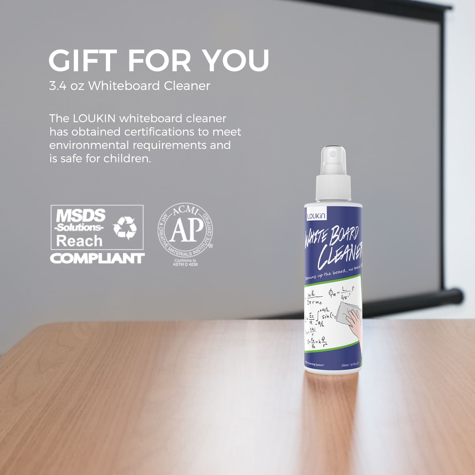 A product image showing the LOUKIN whiteboard eraser, SKU W3501K, with a free 3.4 oz bottle of whiteboard cleaner that is certified to be environmentally friendly and safe for children.