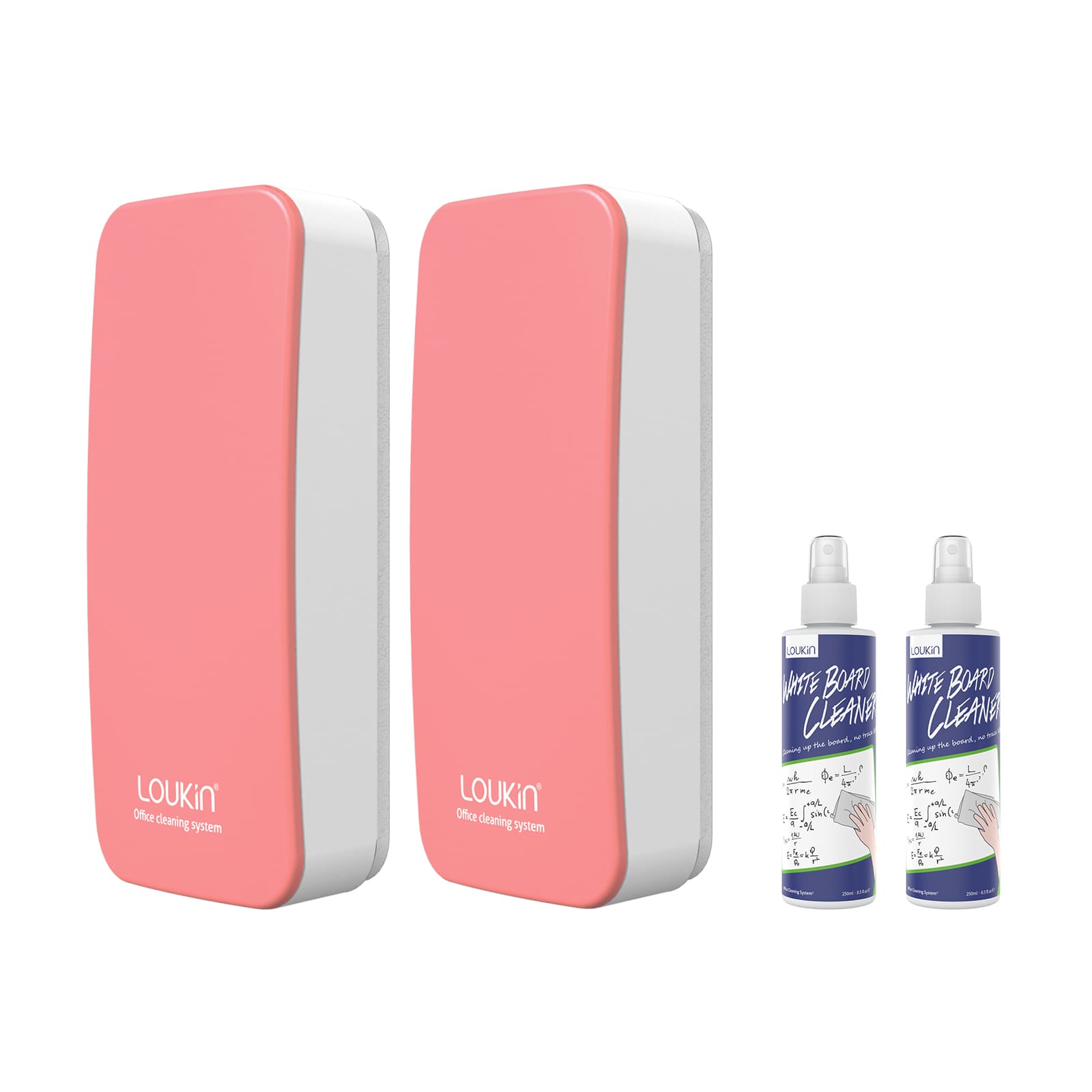 A product image showing a 2-pack of pink LOUKIN regular magnetic dry erase erasers, SKU W3501K, displayed with two bottles of whiteboard cleaner.