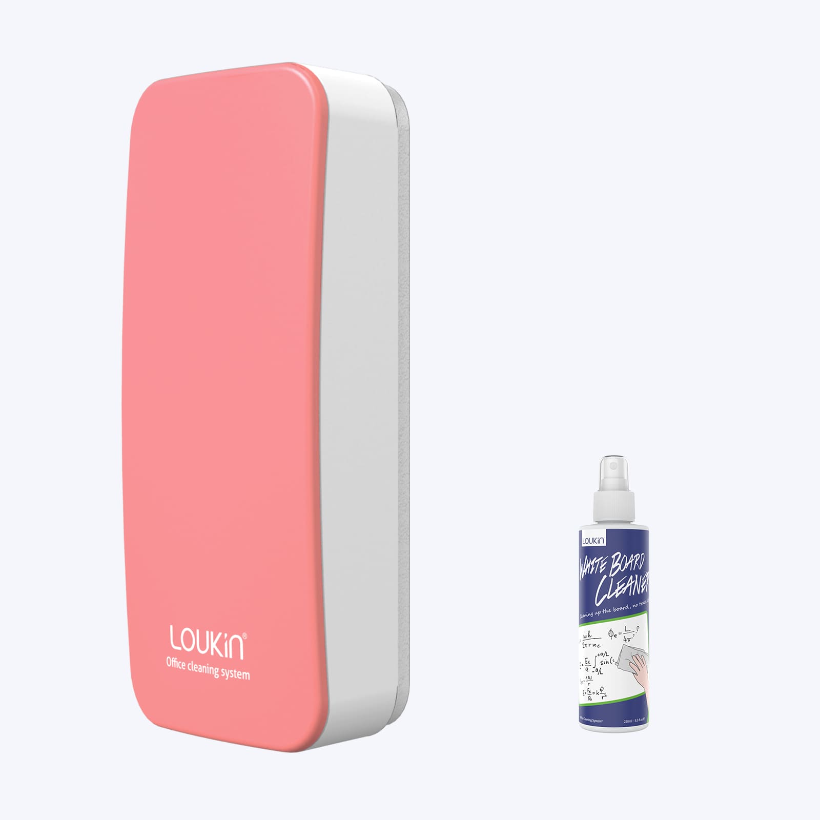A product image showing a pink LOUKIN regular magnetic dry erase eraser, SKU W3501K, alongside a bottle of whiteboard cleaner.