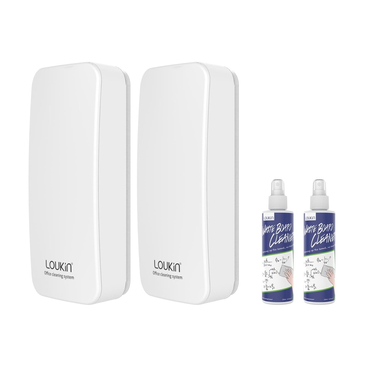 A product image showing a 2-pack of white LOUKIN regular magnetic dry erase erasers, SKU W3501K, displayed with two bottles of whiteboard cleaner.