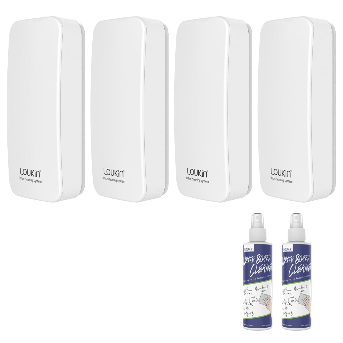 A product image showing a 4-pack of white LOUKIN regular magnetic dry erase erasers, SKU W3501K, with two bottles of whiteboard cleaner.