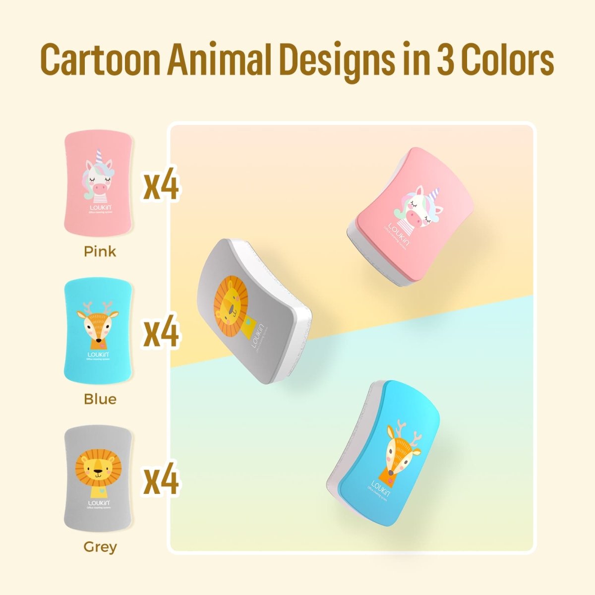 A product image showing a 12-pack kit of the LOUKIN Kids Dry Erase Eraser, model W3507, featuring cartoon animal designs in three colors: four pink unicorn erasers, four blue deer erasers, and four gray lion erasers.
