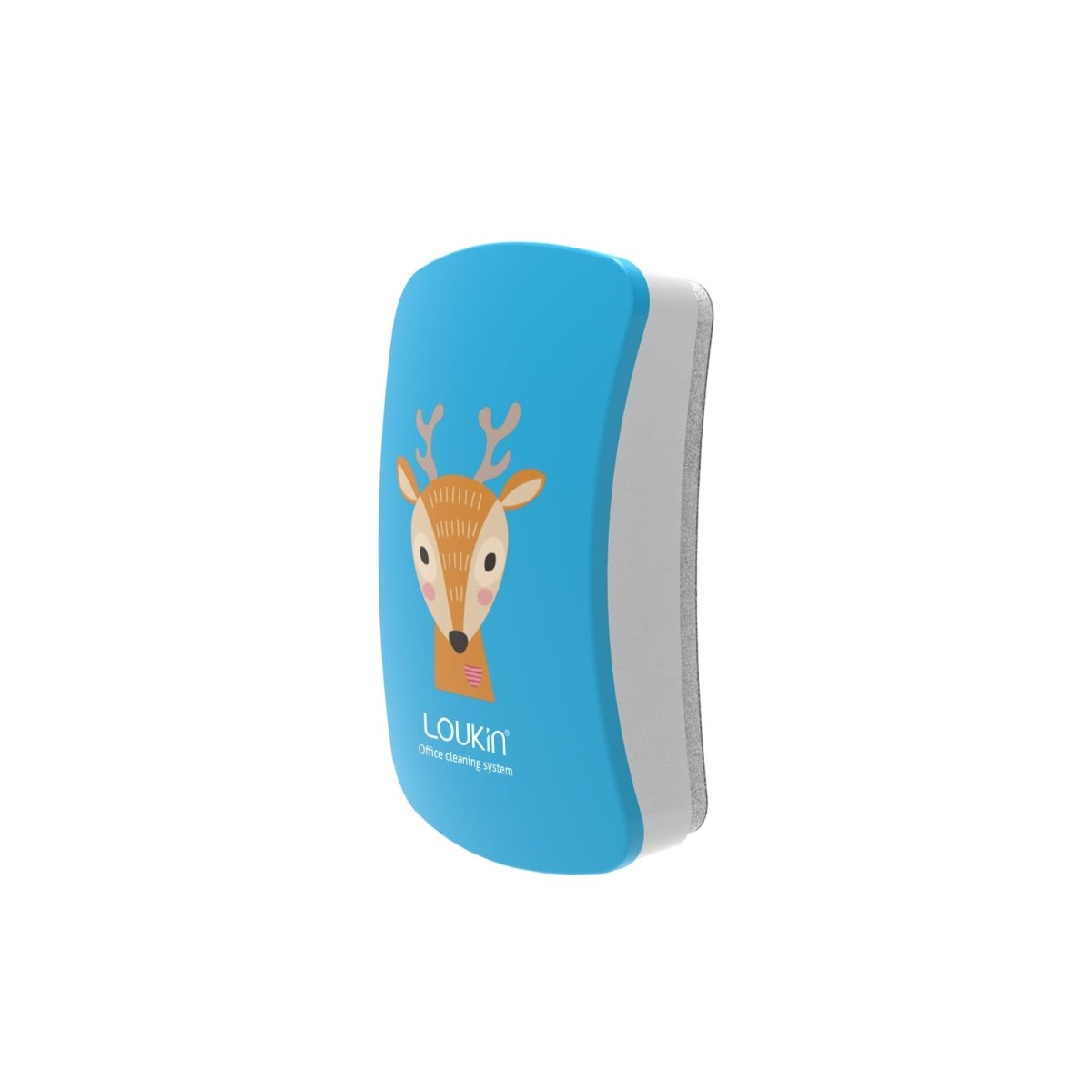 A product image of a single blue LOUKIN Kids Dry Erase Eraser, model W3507, featuring a cartoon deer design.
