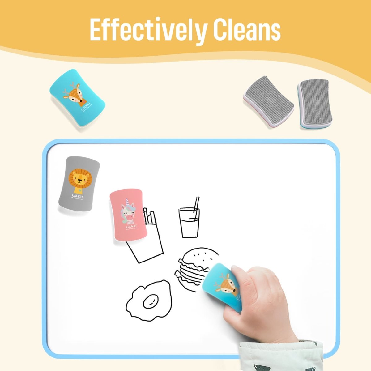 A product image showing a hand using the LOUKIN kids dry erase eraser, model W3507, with a deer pattern, to effectively clean a whiteboard with drawings of food.