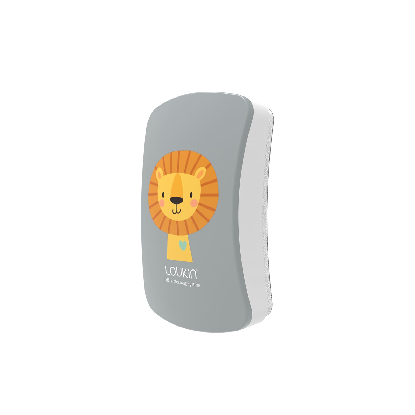 A product image of a single gray LOUKIN Kids Dry Erase Eraser, model W3507, featuring a cartoon lion design.