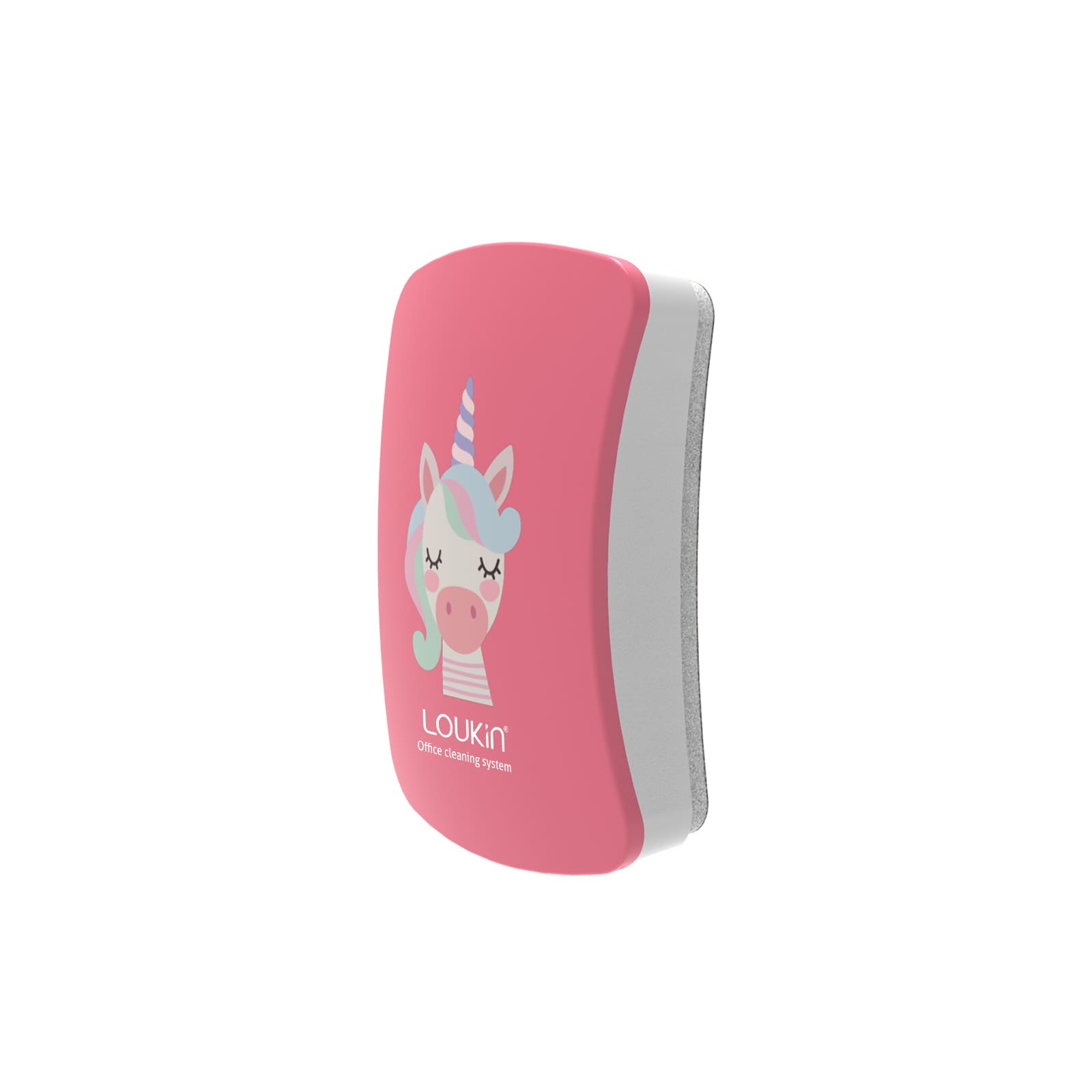 A product image of a single pink LOUKIN Kids Dry Erase Eraser, model W3507, featuring a cartoon unicorn design.