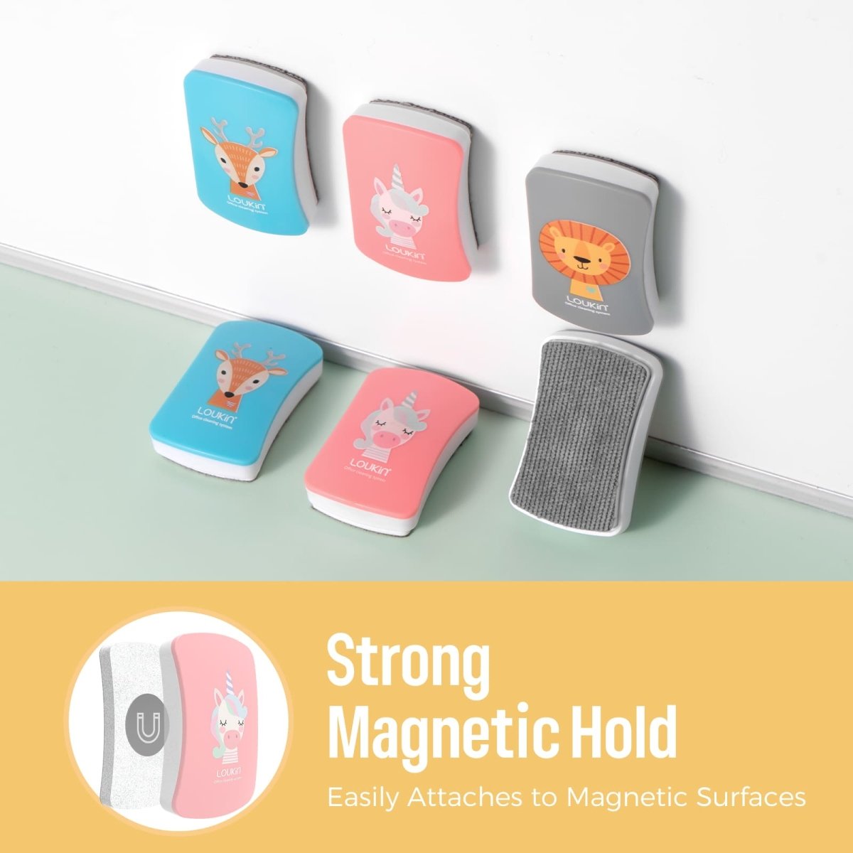 A product image showing the LOUKIN kids dry erase erasers, model W3507, with fun animal designs on the front, attached to a magnetic whiteboard. The image highlights the product's strong magnetic hold.