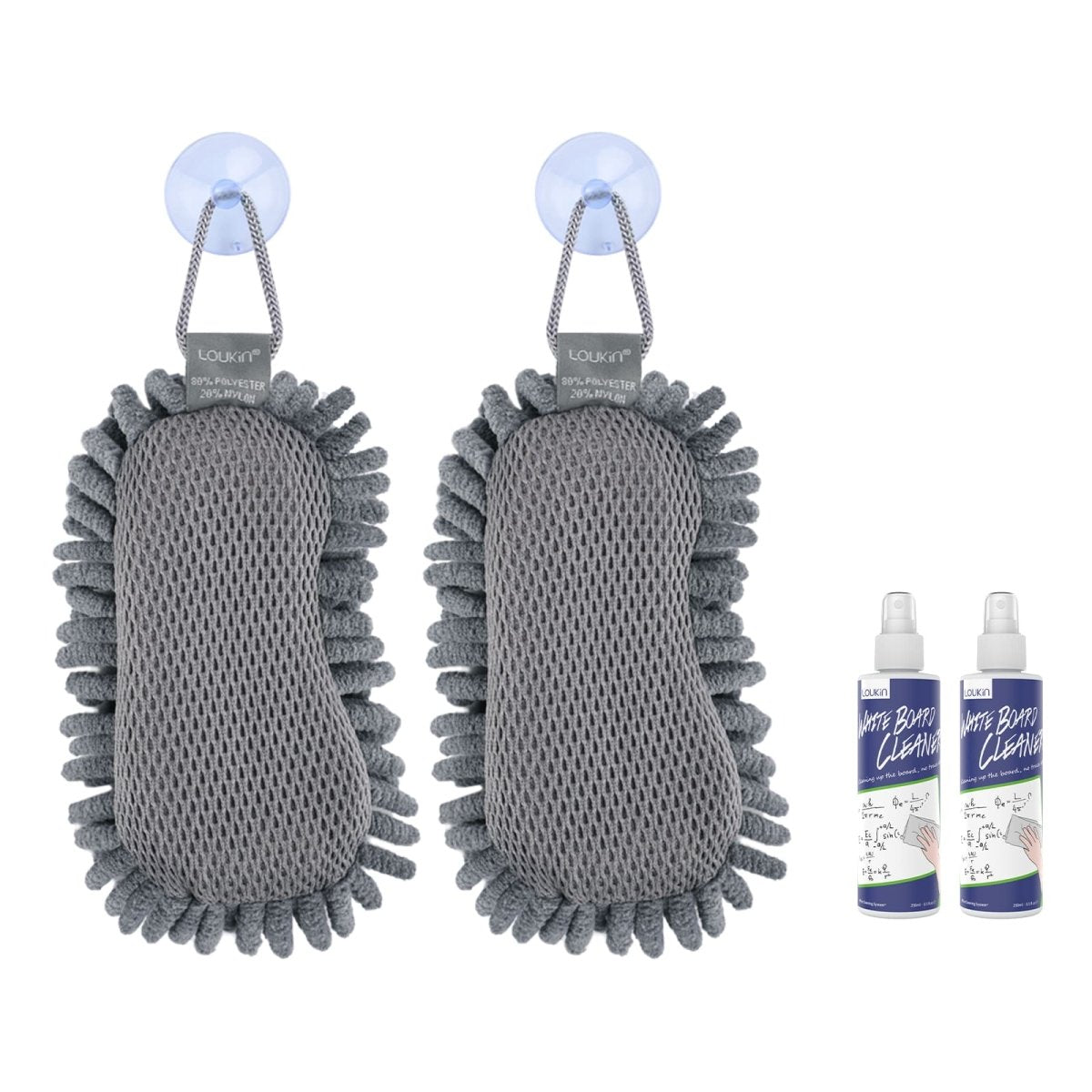 A product image showing a two-pack set of the gray LOUKIN Microfiber Shag Dry Erase Eraser, model W3510K, each with a suction cup hanger, and two bottles of whiteboard cleaner.