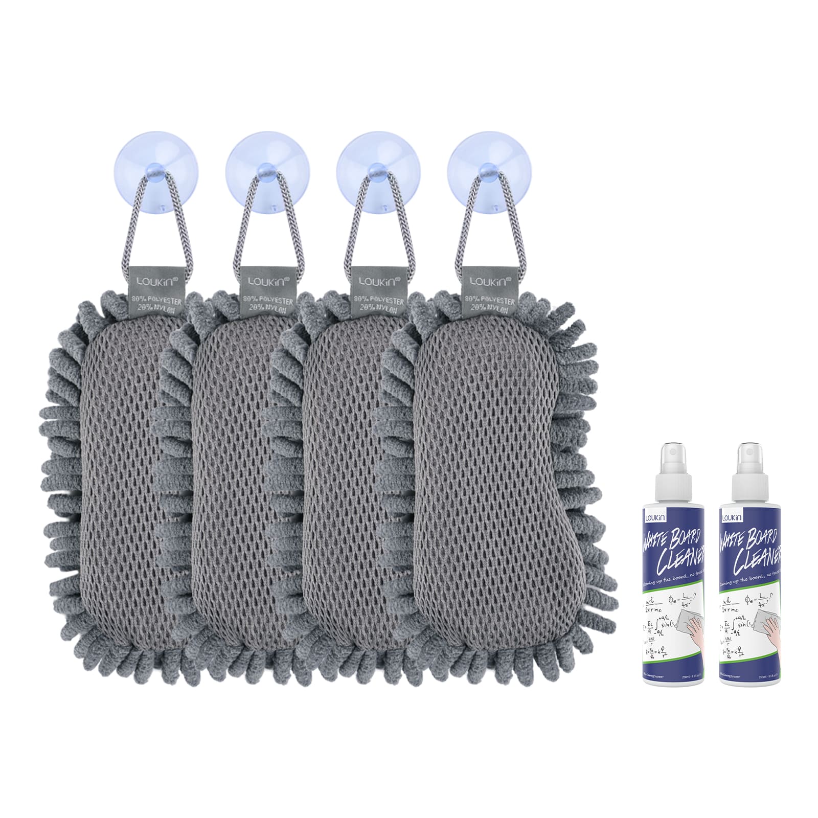 A product image showing a four-pack set of the gray LOUKIN Microfiber Shag Dry Erase Eraser, model W3510K, each with a suction cup hanger, and two bottles of whiteboard cleaner.