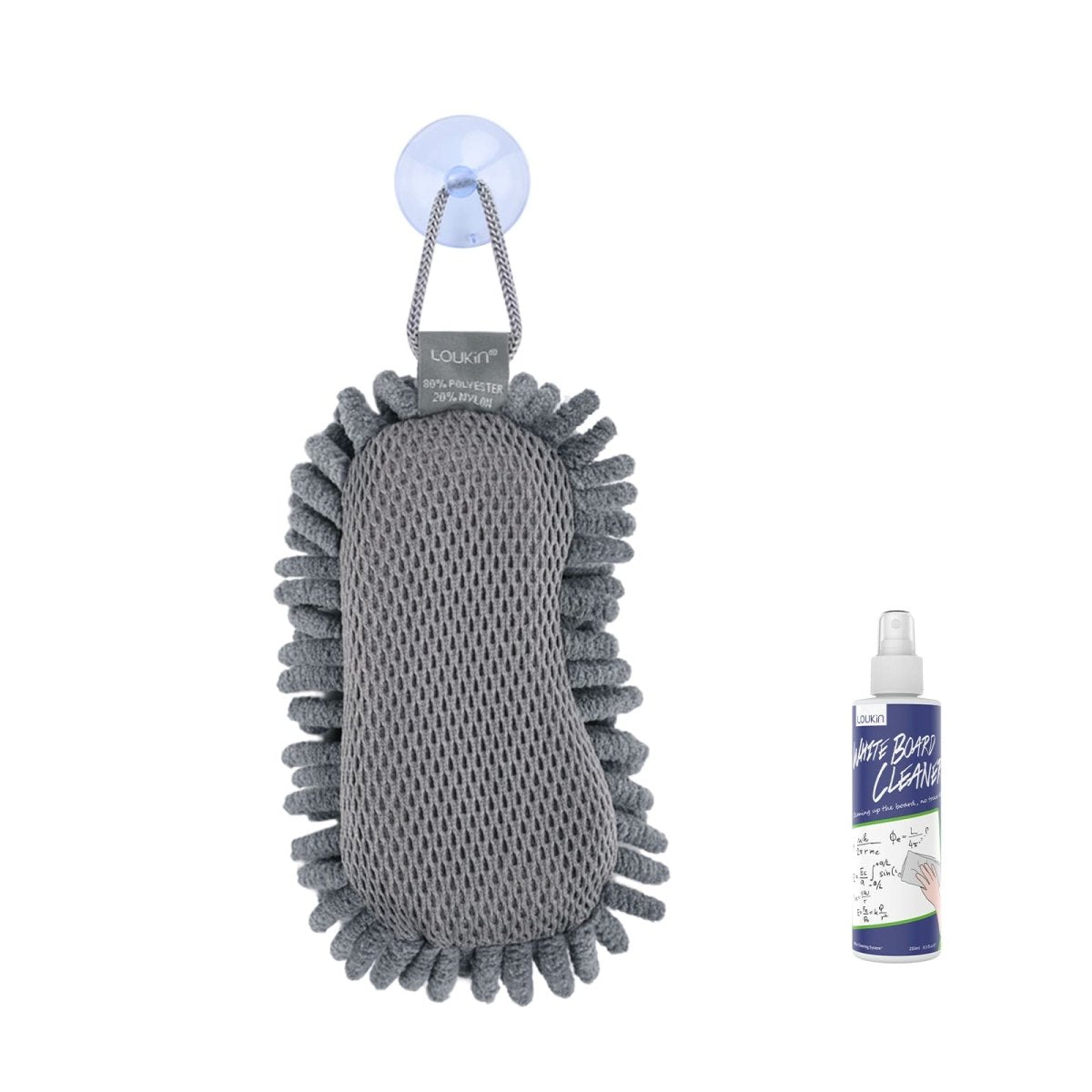 A product image of the LOUKIN Whiteboard Cleaner Kit, model W3510K, featuring the microfiber shag dry erase eraser with a suction cup hanger and a 17 fl oz (500ml) bottle of whiteboard cleaner.