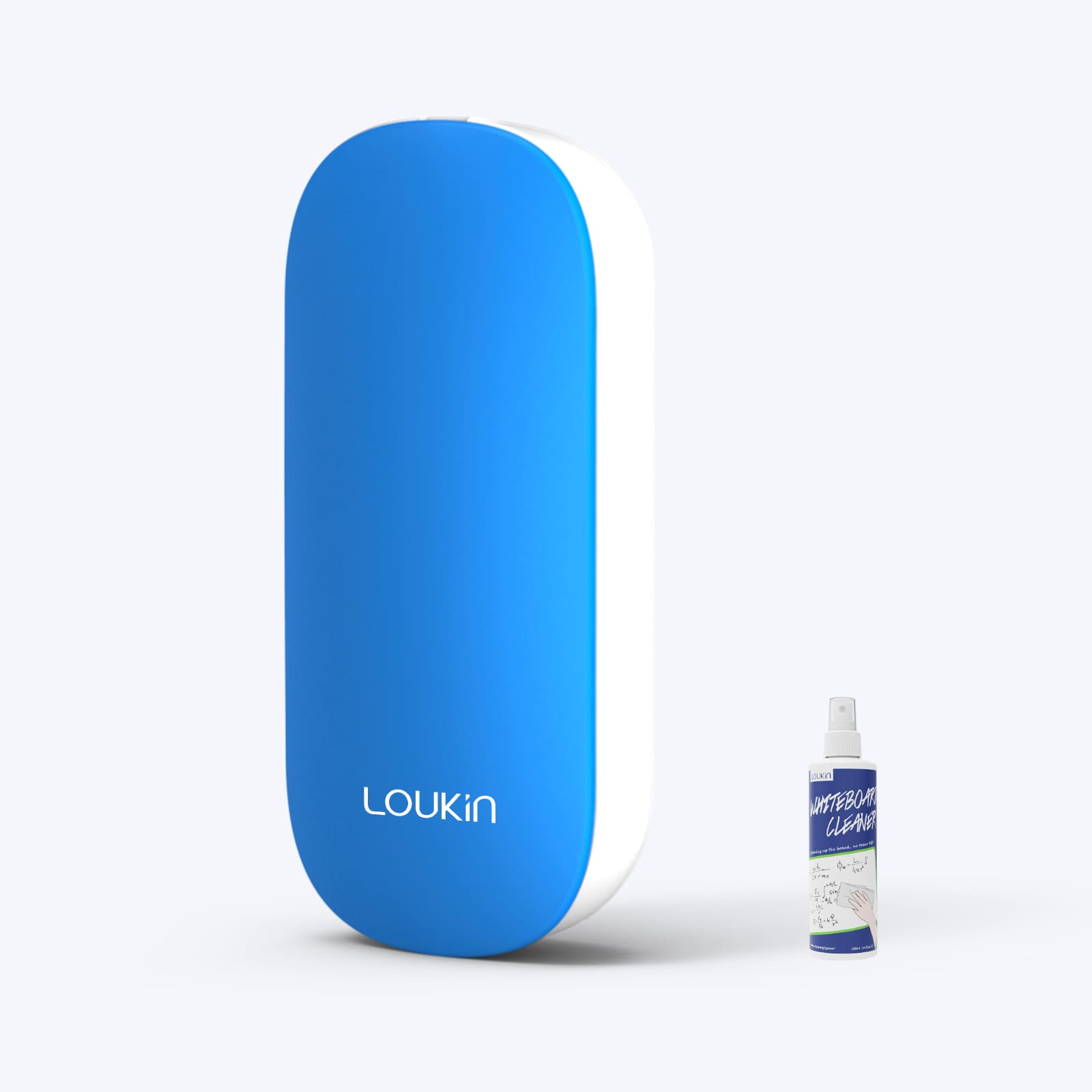 A product image of the blue LOUKIN Replacable Dry Erase Eraser, model W3517K, with a sleek, vertical design, presented alongside a gift bottle of whiteboard cleaner.