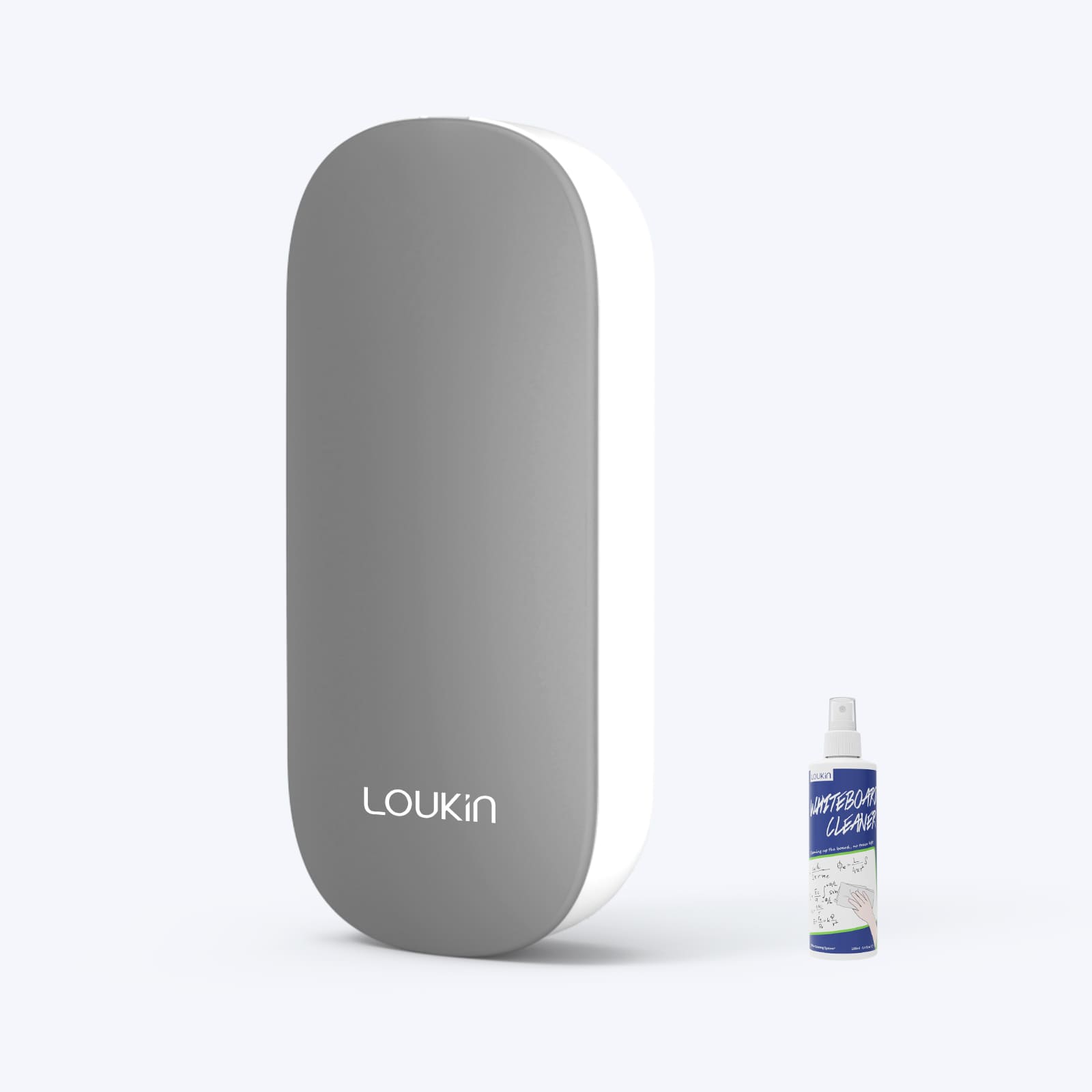 A product image of the gray LOUKIN Replacable Dry Erase Eraser, model W3517K, with a sleek, vertical design, presented alongside a gift bottle of whiteboard cleaner.